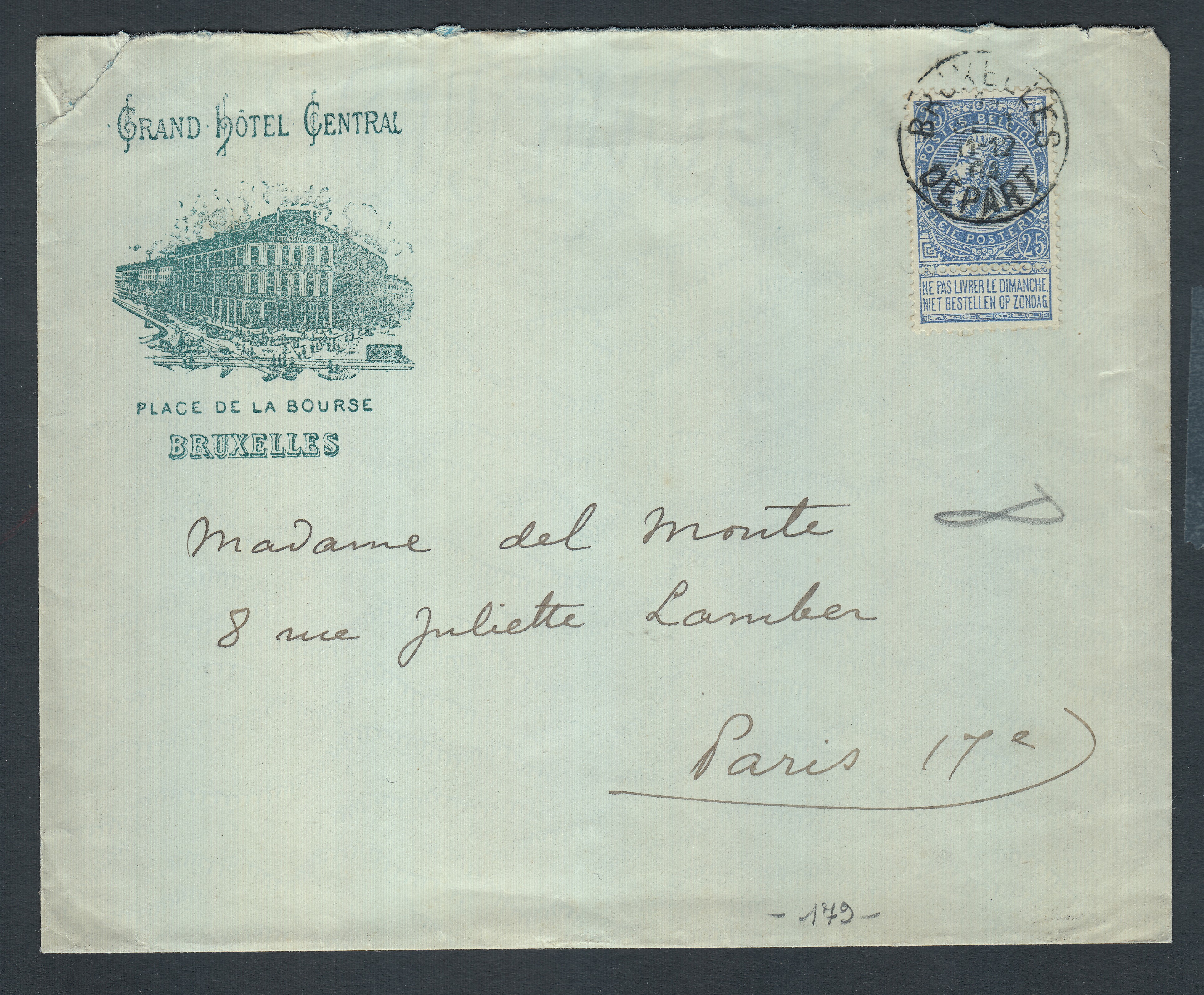 60 sur lettre à entête « Grand Hôtel Central » de BXL vers Paris.