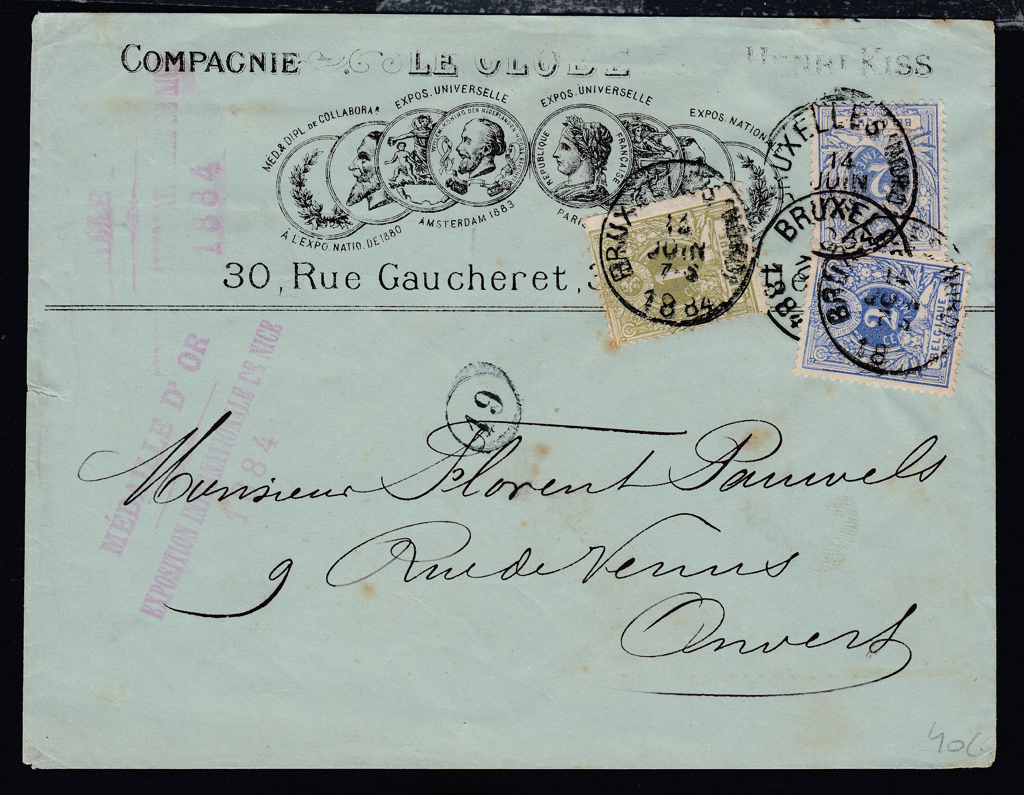 26 +27x2 sur lettre illustrée de BXL le 14 juin 1884 à destination d'Anvers.