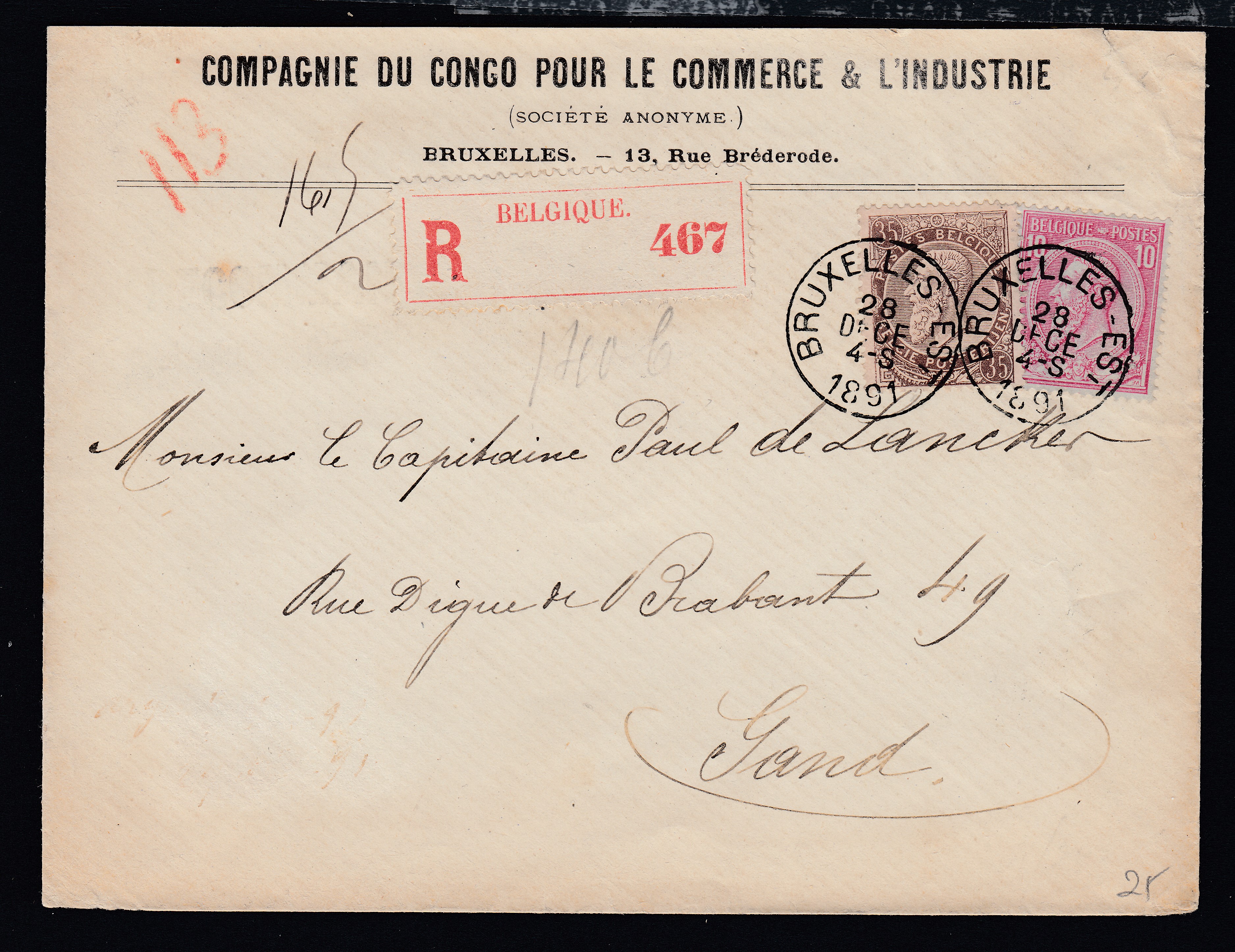 46 +49 sur lettre à entête « Cie du Congo pour le commerce & l'industrie », en recommandé de BXL le 28 dec.1891 vers Gand. Càd au verso.