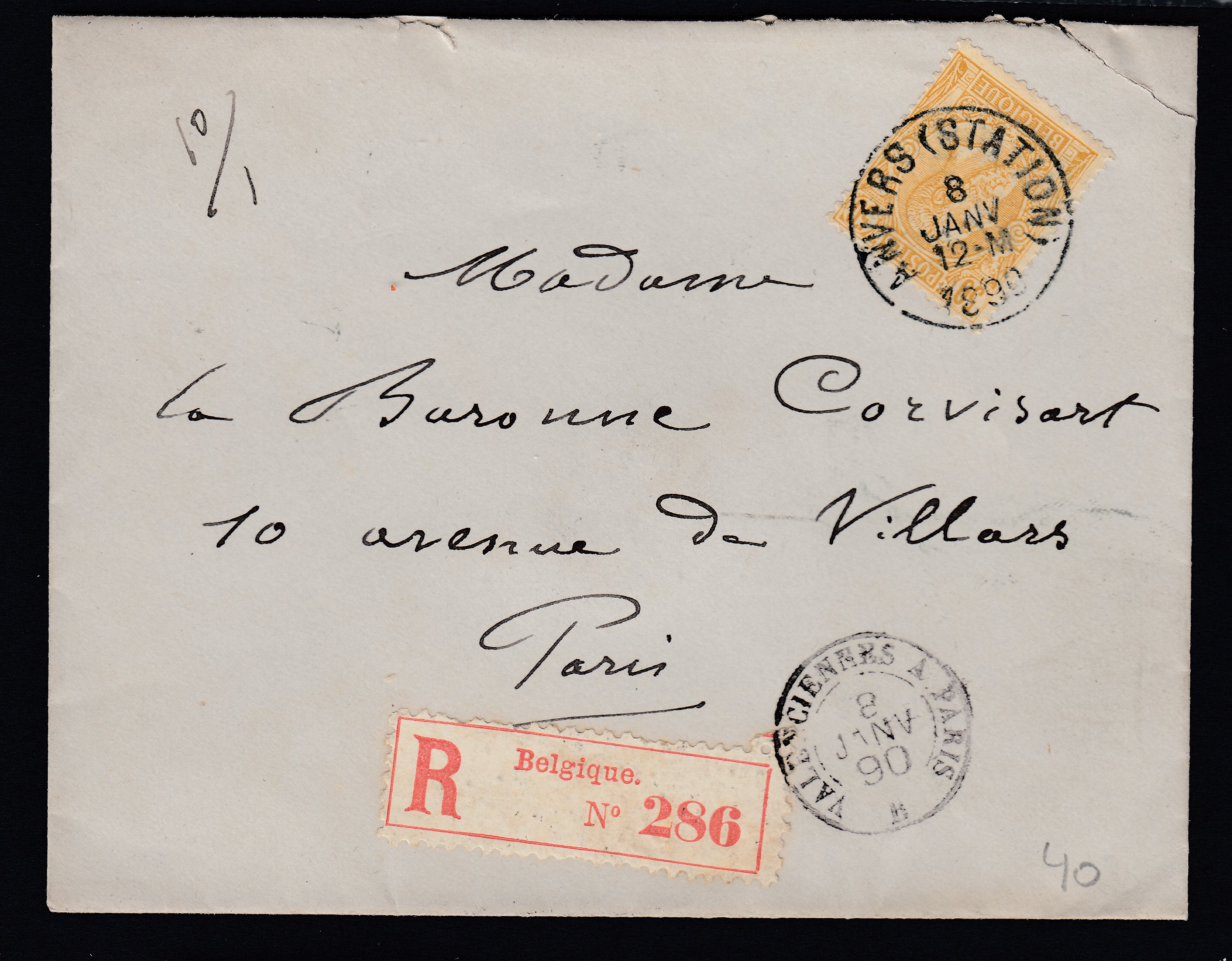50 sur lettre en recommandé d'Anvers (Station) le 8 janv.1890 vers Paris. Petit cachet DC « Valenciennes à Paris » au recto. Cachet de passage à BXL au verso.