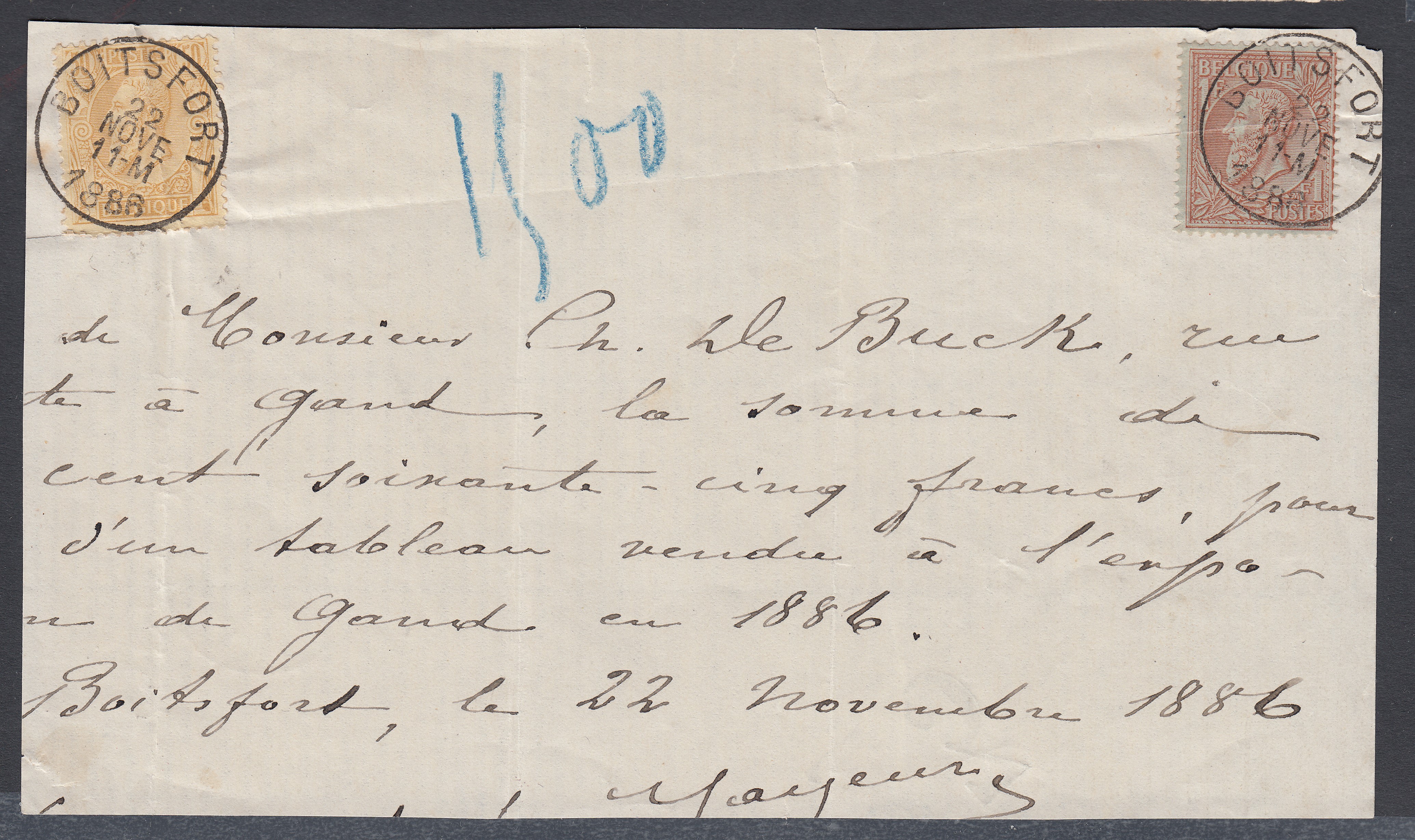 50 +51 sur document servant de reçu, Boitsfort le 22 novembre 1886.