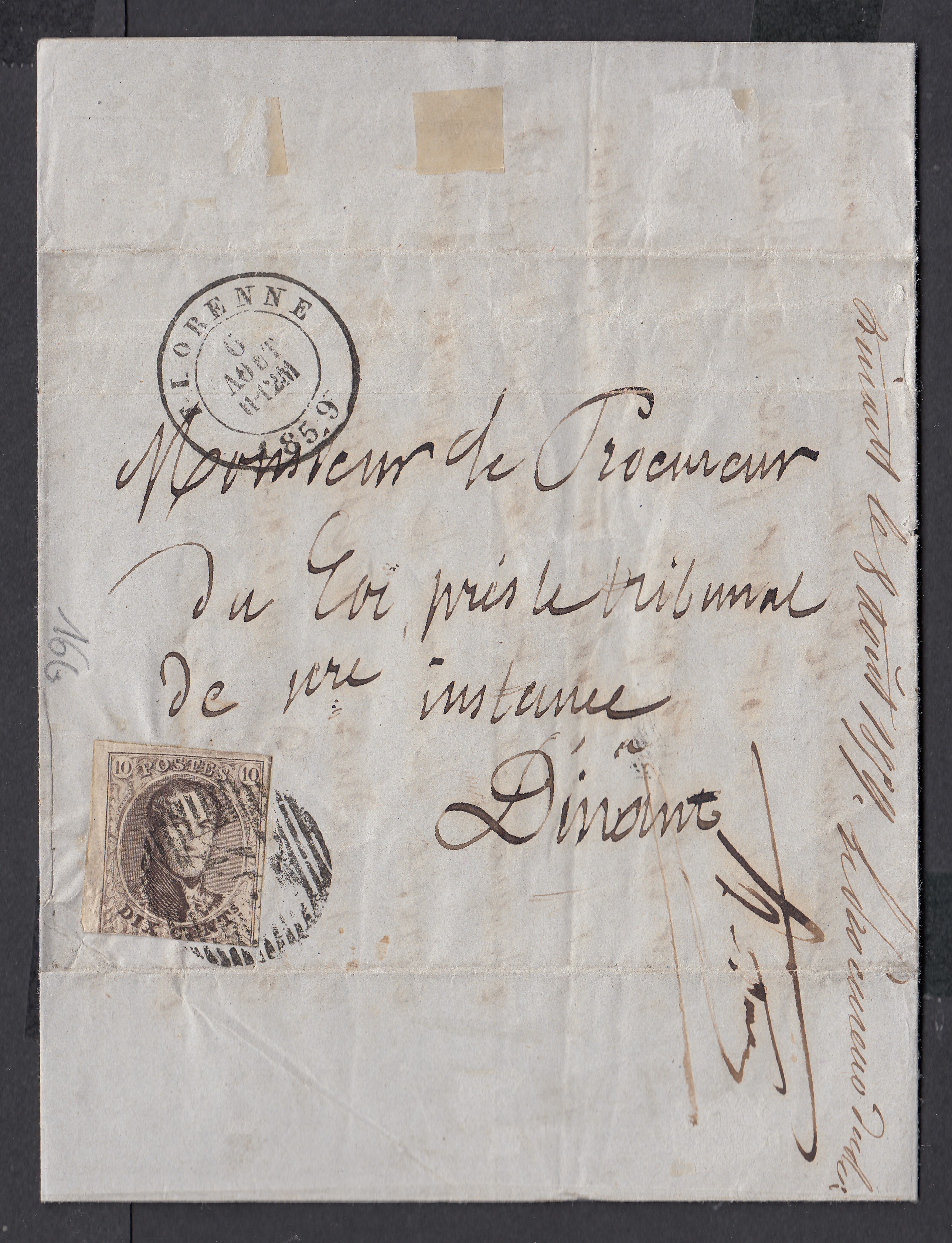 10A touché sur LAC ( Dénonciation d'une bagarre) de Florenne ( P40) le 6 août 1859 vers Procureur du Roi à Dinant. Manuscrit « Transmis à la gendarmerie..... ». Càd au verso.