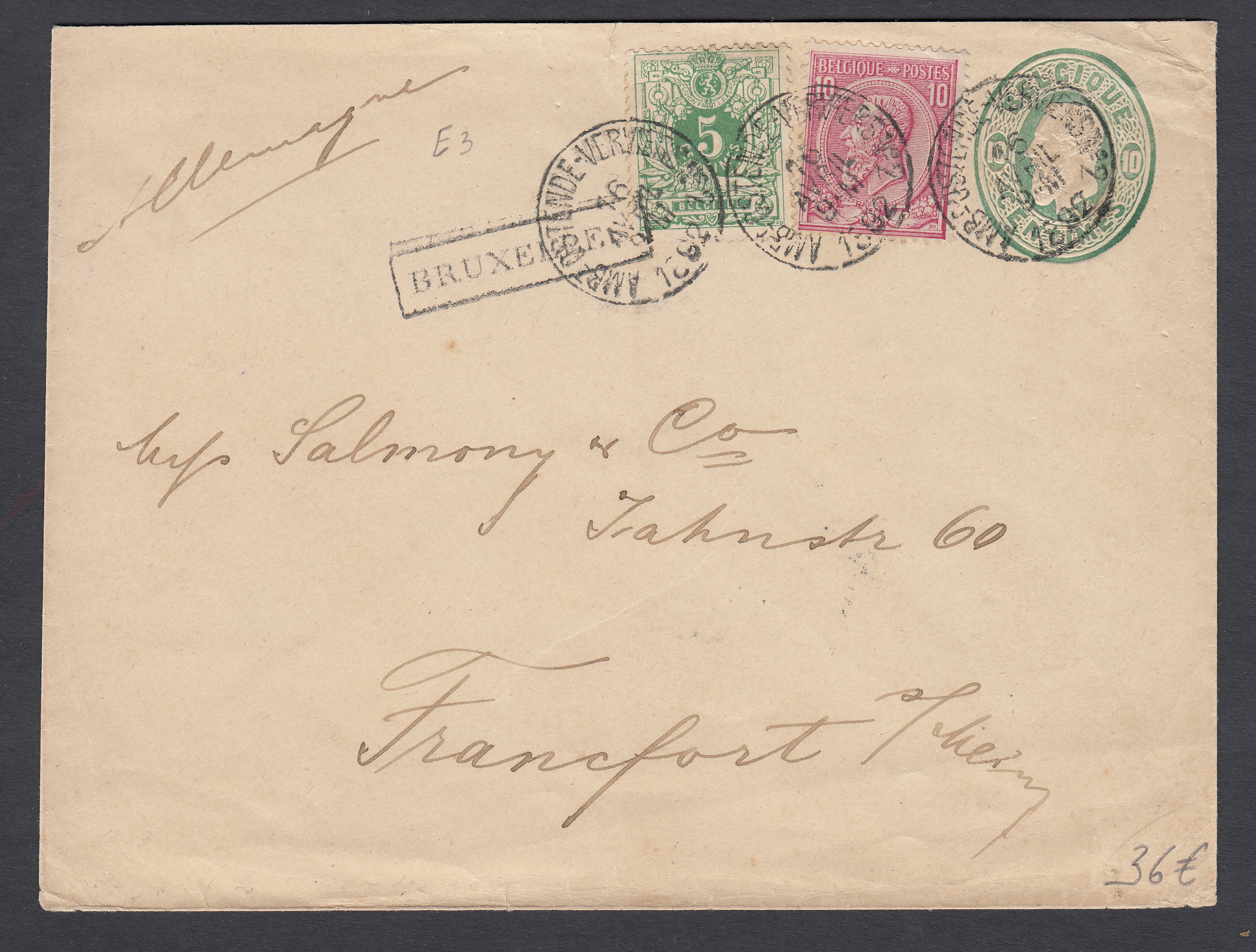 45/46 sur Ep10c type « Léopold II dans un ovale » de BXL ( Griffe encadrée) par l'Ambt « Ostende -Verviers 2 » le 16 avril 1892 vers Francfort. Càd au verso.