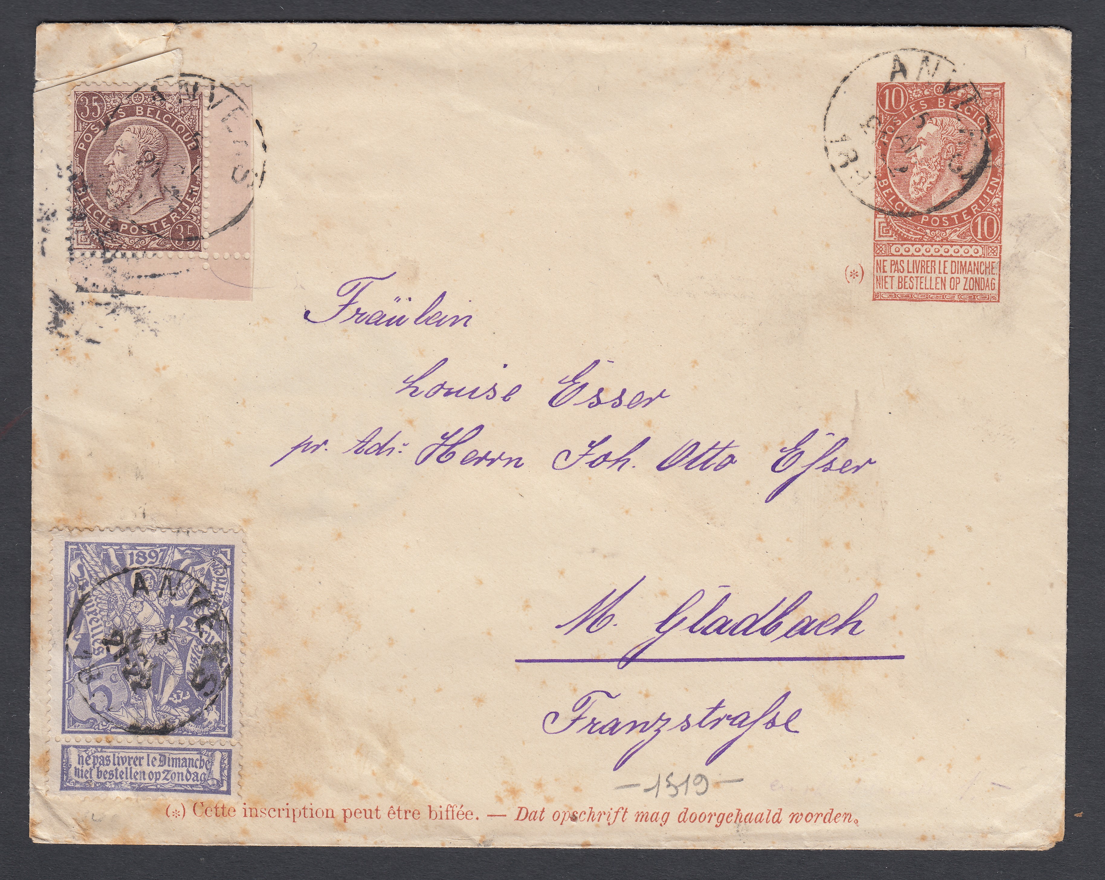 49 Cdf +71 sur Ep10c type « Fine Barbe -Tp 57 » d'Anvers le 5.V.1897 vers Monchen-Gladbach, Allemagne. Càd au verso.