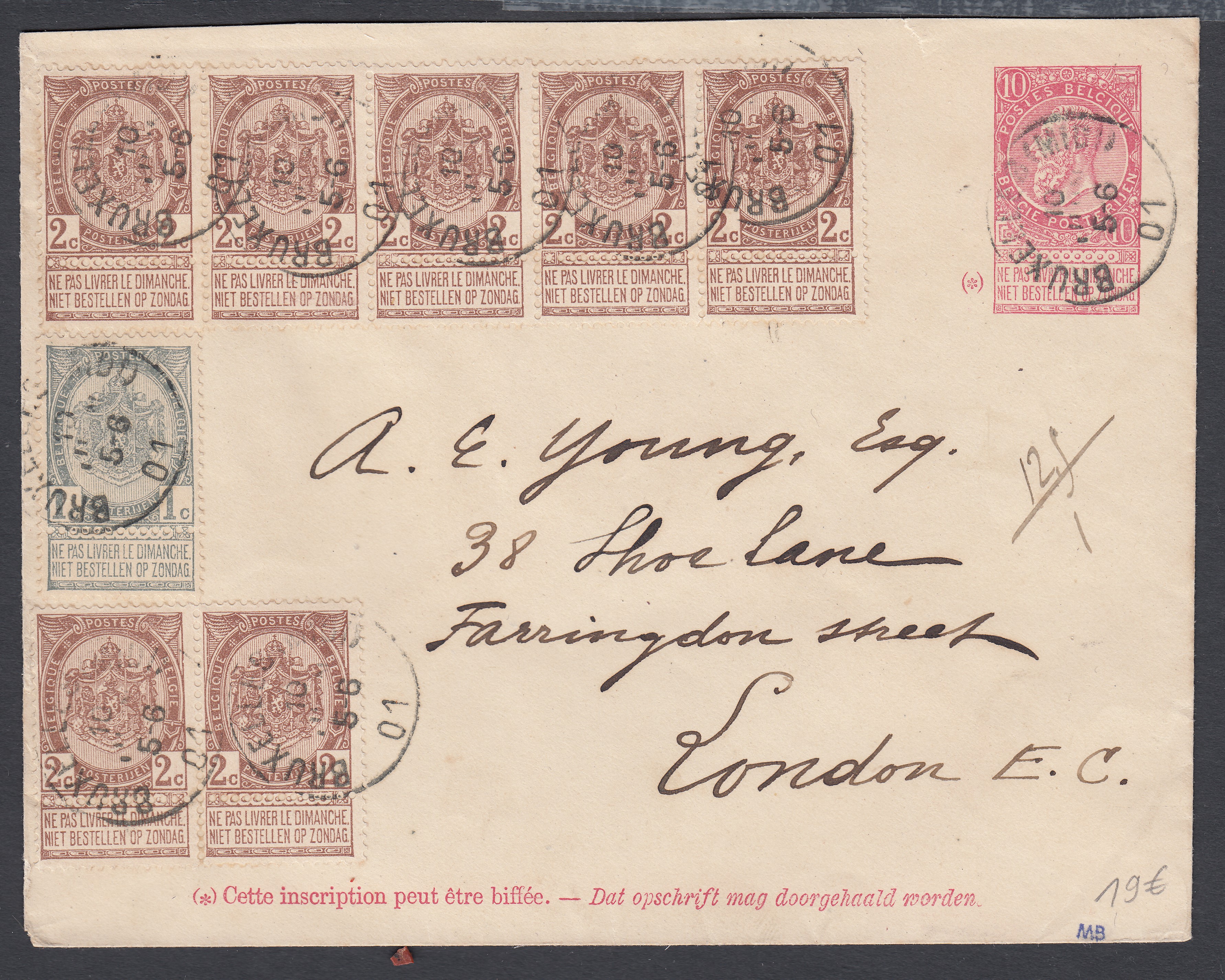 53 +55 x7 ( Bande de 5 +paire sur Ep10c type « Fine Barbe -Tp 58 » de BXL(Midi) le 10 juillet 1901 vers Londres. Càd au verso.