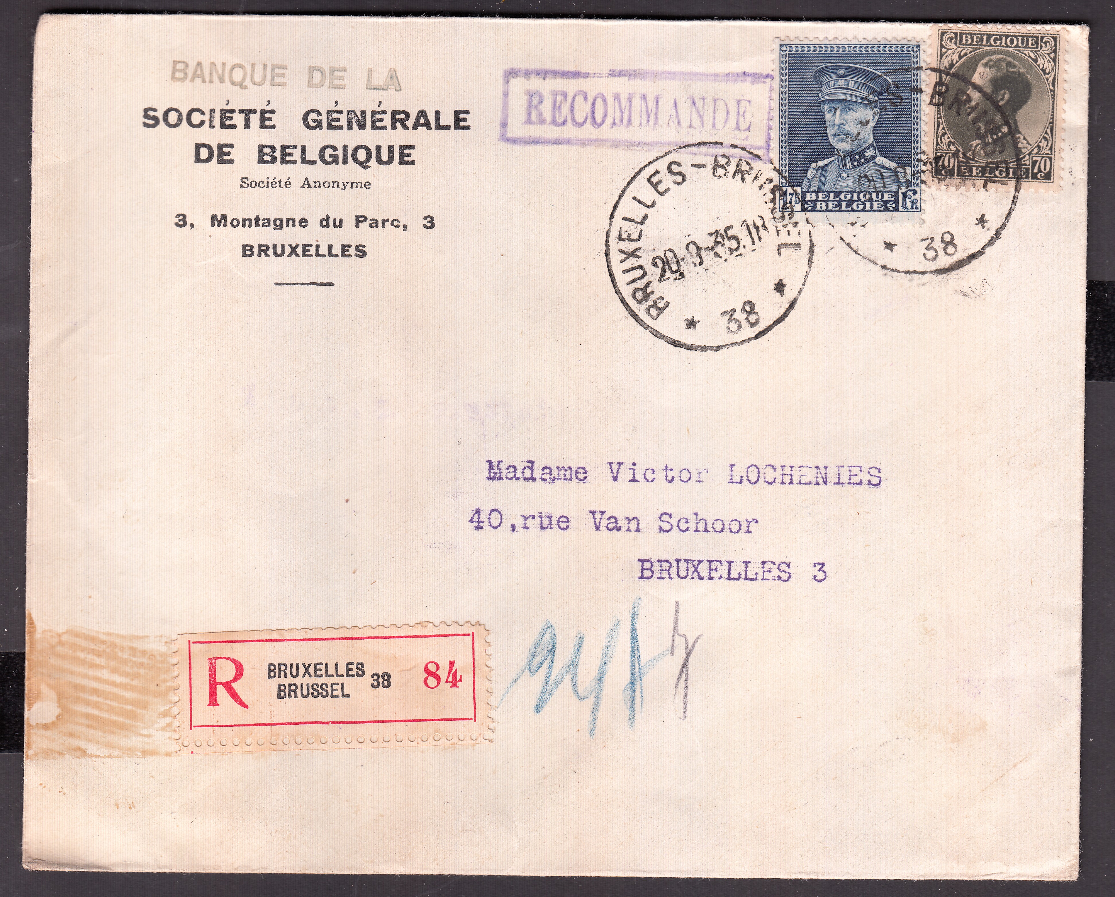 320 +401 sur lettre en recommandé de et vers BXL le 20.9.1935.