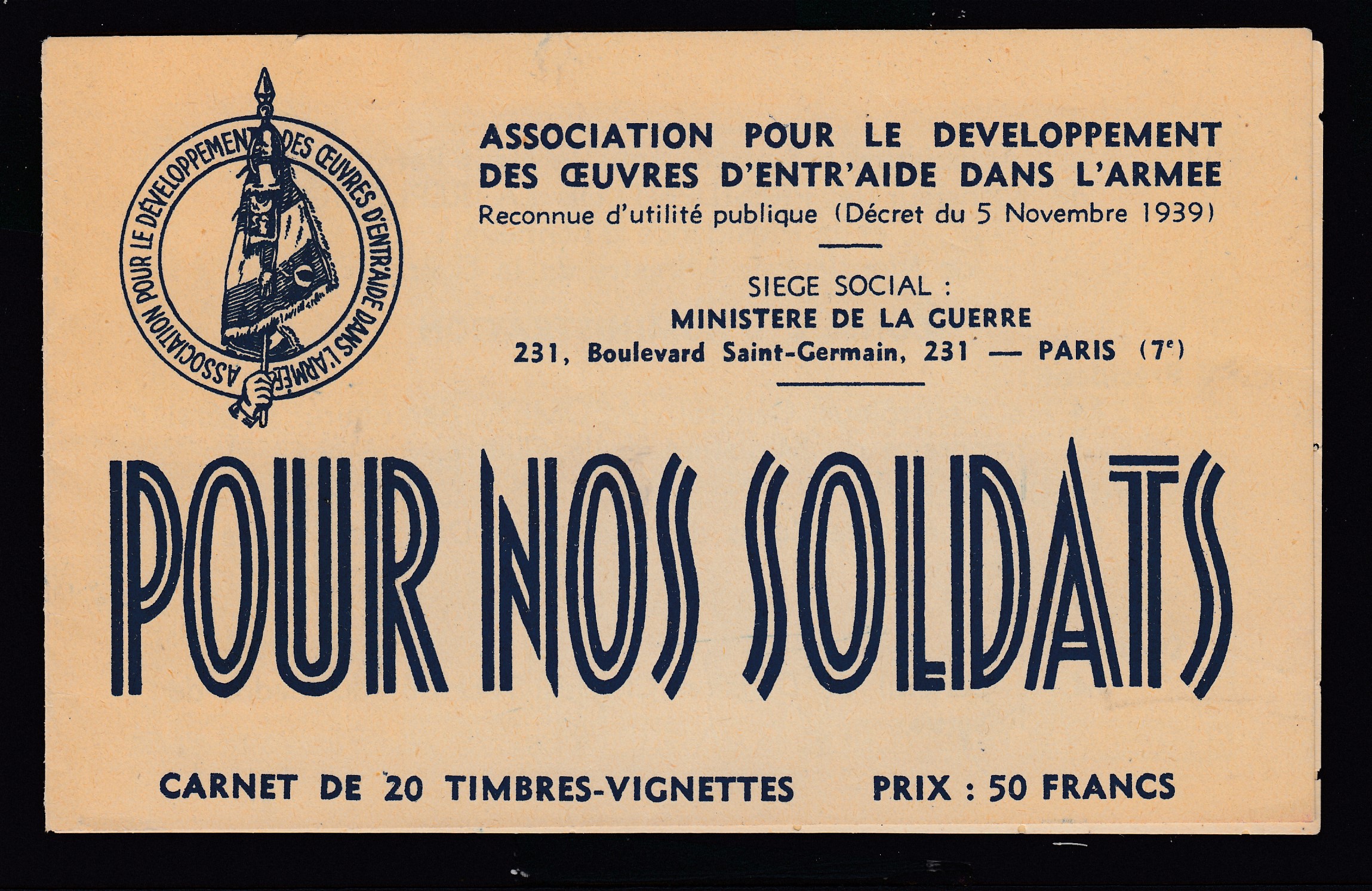 Association pour le développement des oeuvres d'entraide dans l'armée :  Carnet de 20 vignettes « POUR NOS SOLDATS ».
