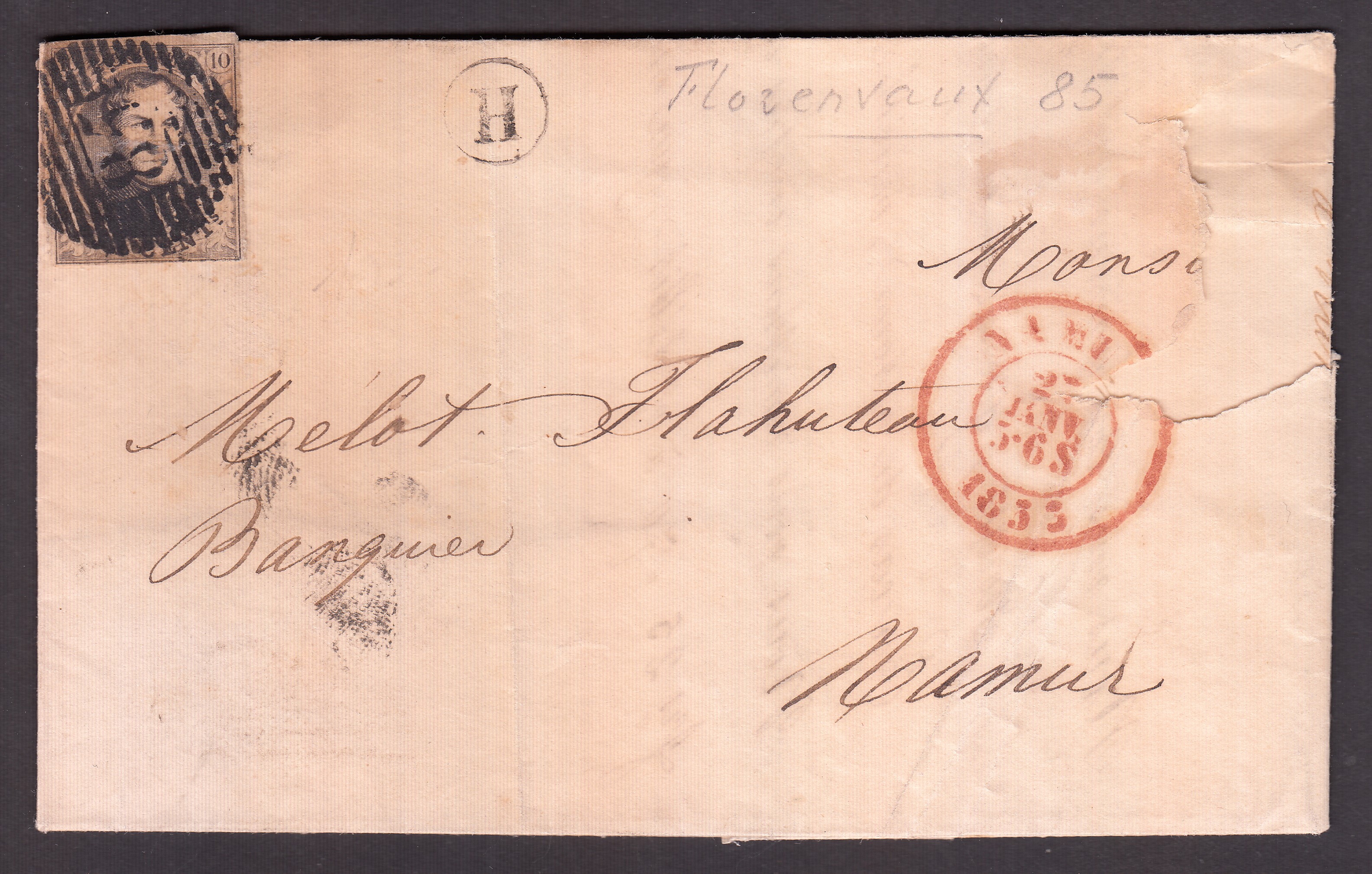 6 touché sur LAC de la boîte « H » le 27 fev.1855 vers Namur.