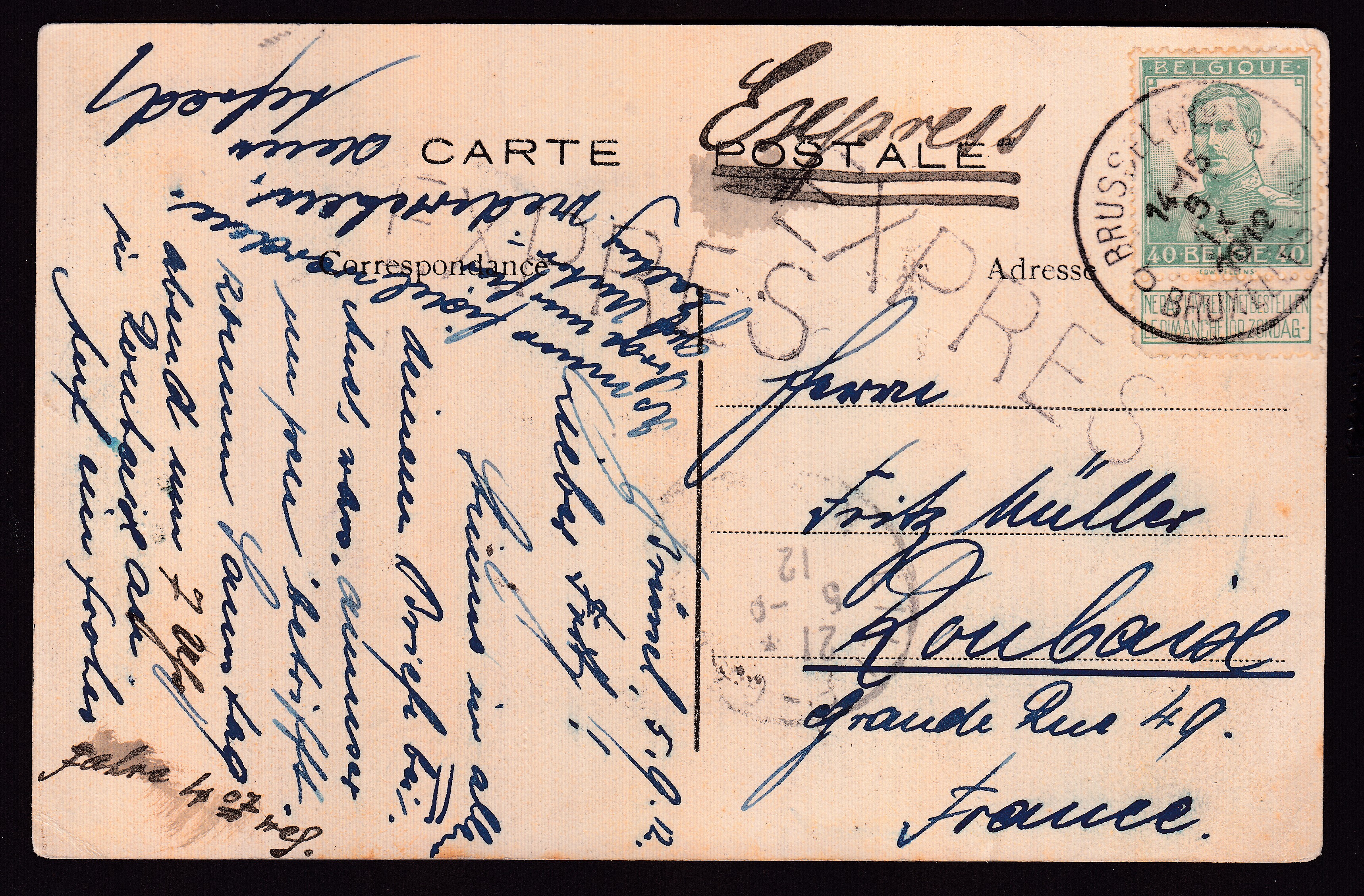 114 sur Cp en exprès de BXL le 5.IX.1912 vers Roubaix. Càd au verso.
