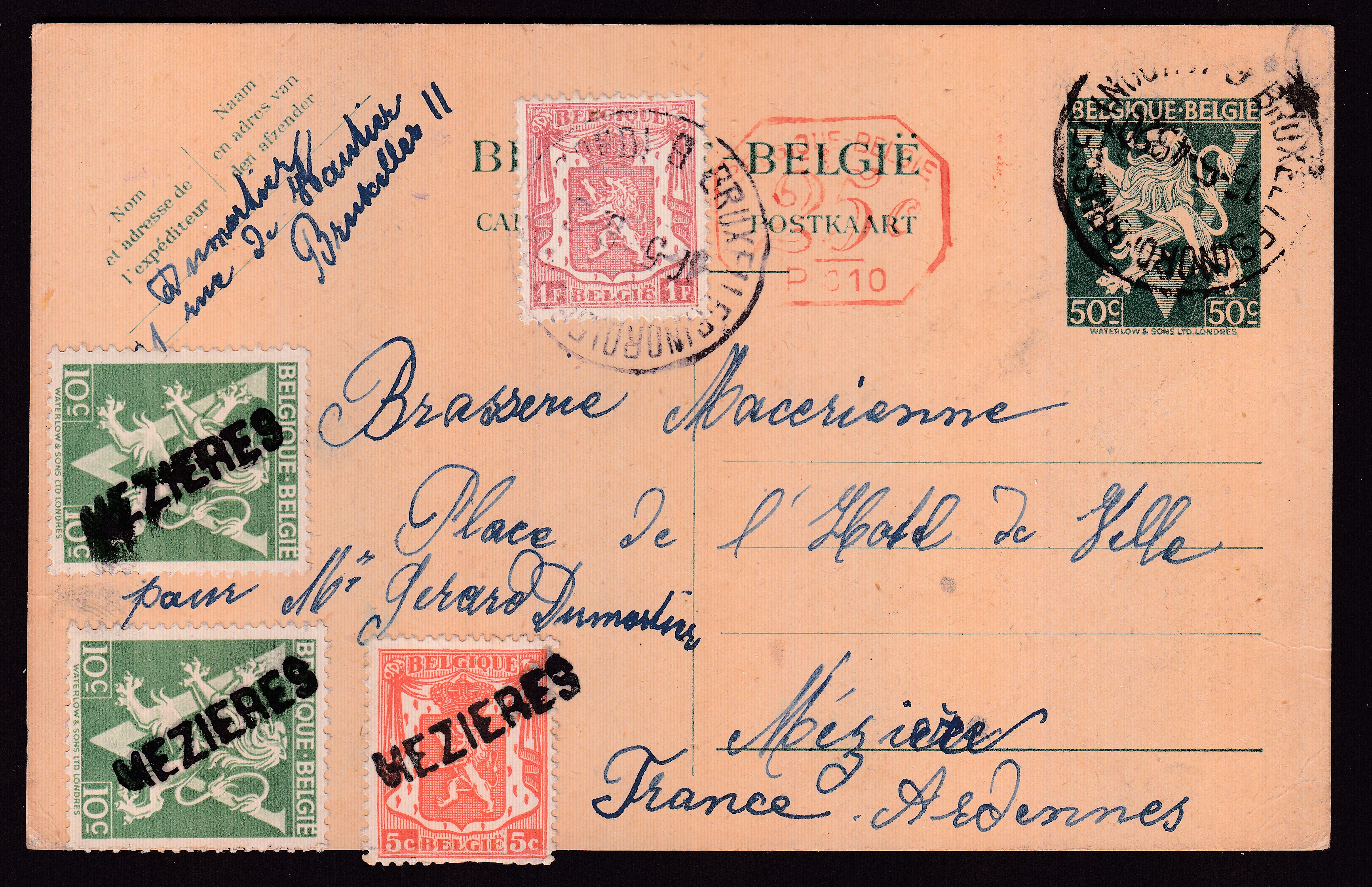 419 +675 x2 +715 +Afft mécanique de 25c sur Ep50c type « Lion V » de Bxl le 13.5.1948 vers Mézière. Les Tp 419 +675 x2 sont annulés par griffe « MEZIERE » à l'arrivée car ils n'ont pas été oblitérés au départ