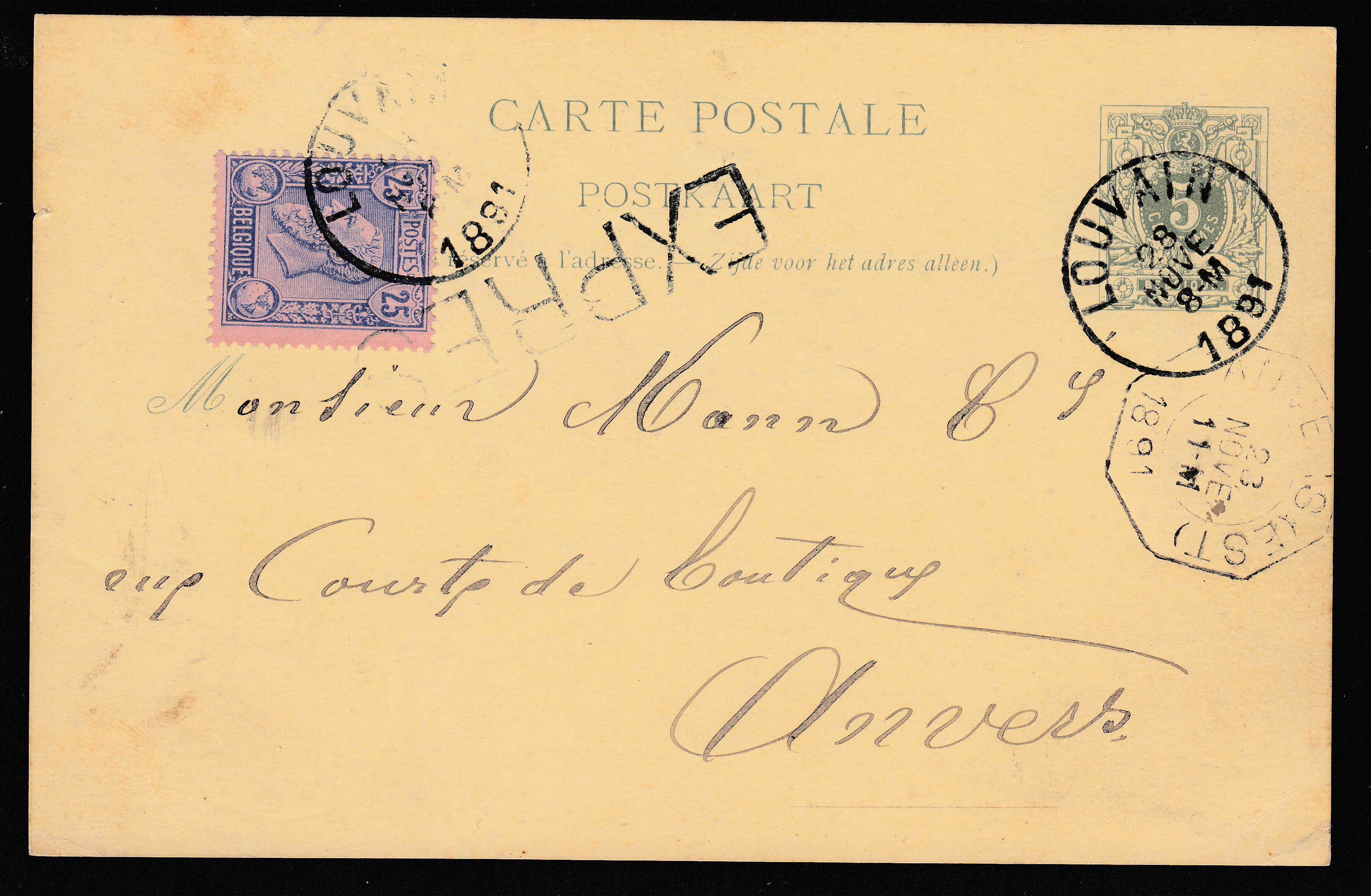 48 sur Ep5c type « Lion couché -Tp 45 » en exprès de Louvain le 28 nov.1891 à destination d'Anvers. Càd au recto.