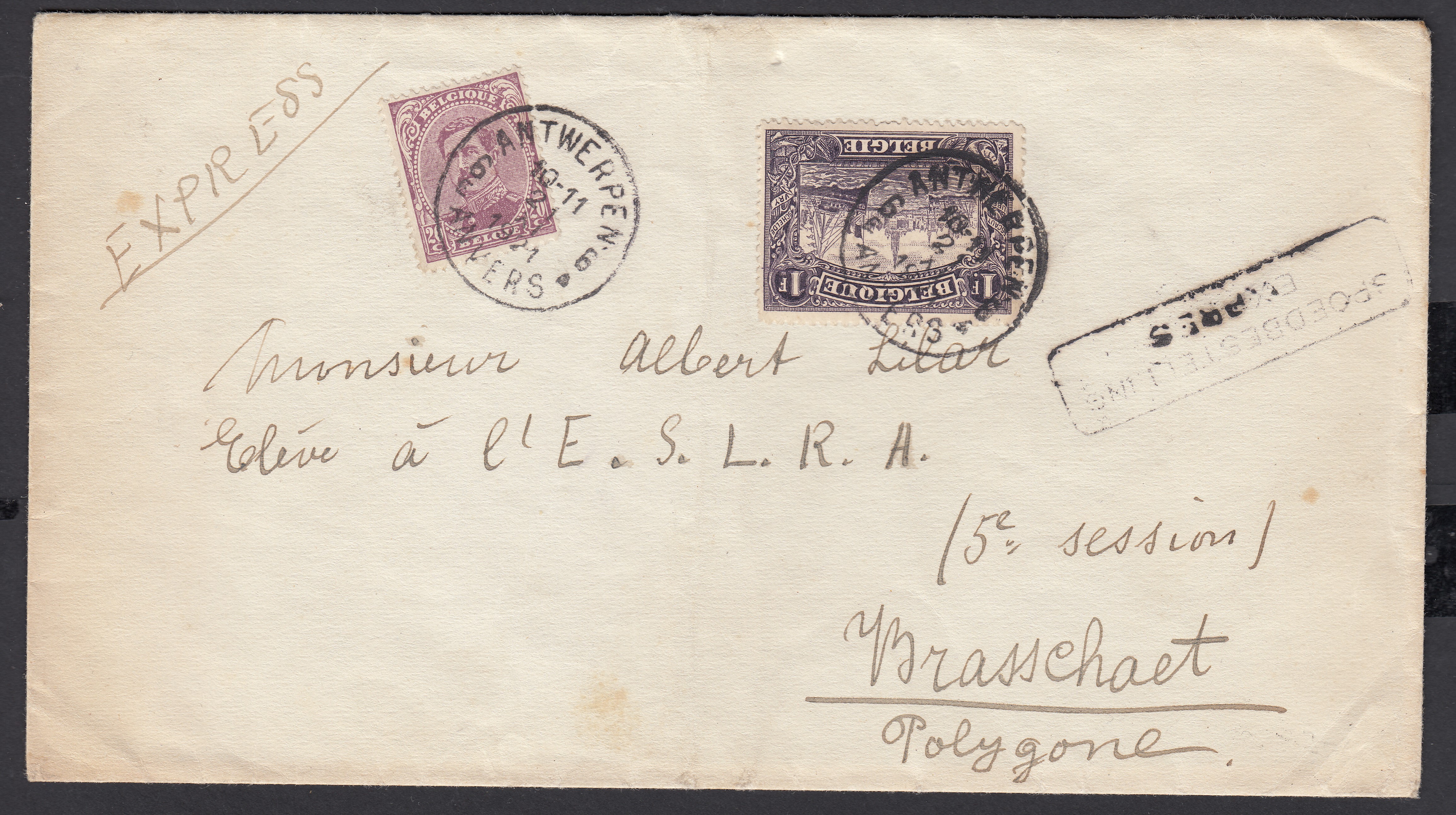 140 +145 sur lettre en exprès d'Antwerpen le 21.XI.1921 vers Brasschaet.