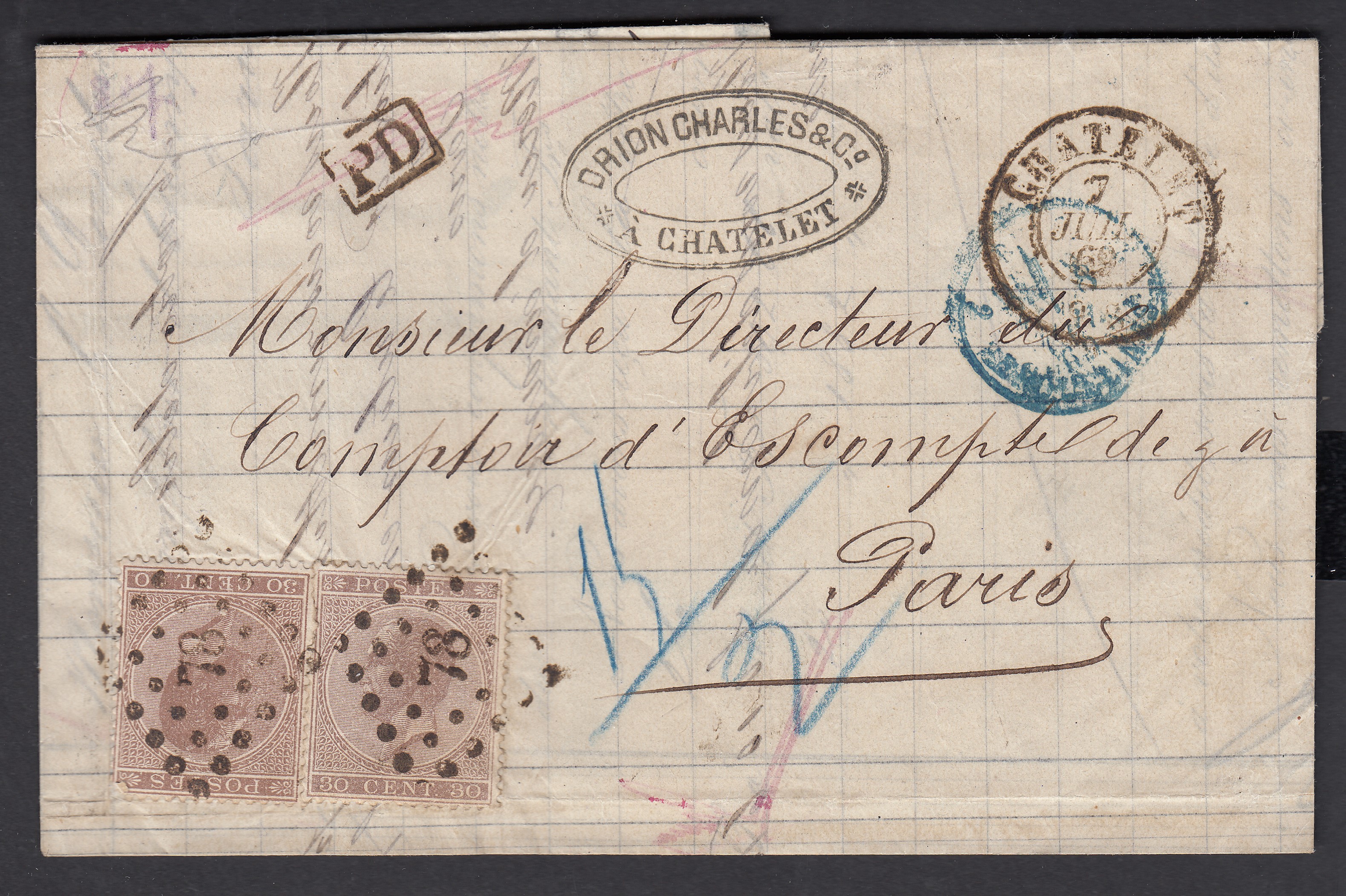 19 x2 sur LAC de Chatelet ( Lp69) le 7 juil.1869 vers Paris. Cachet « France /...V » +Càd au verso.