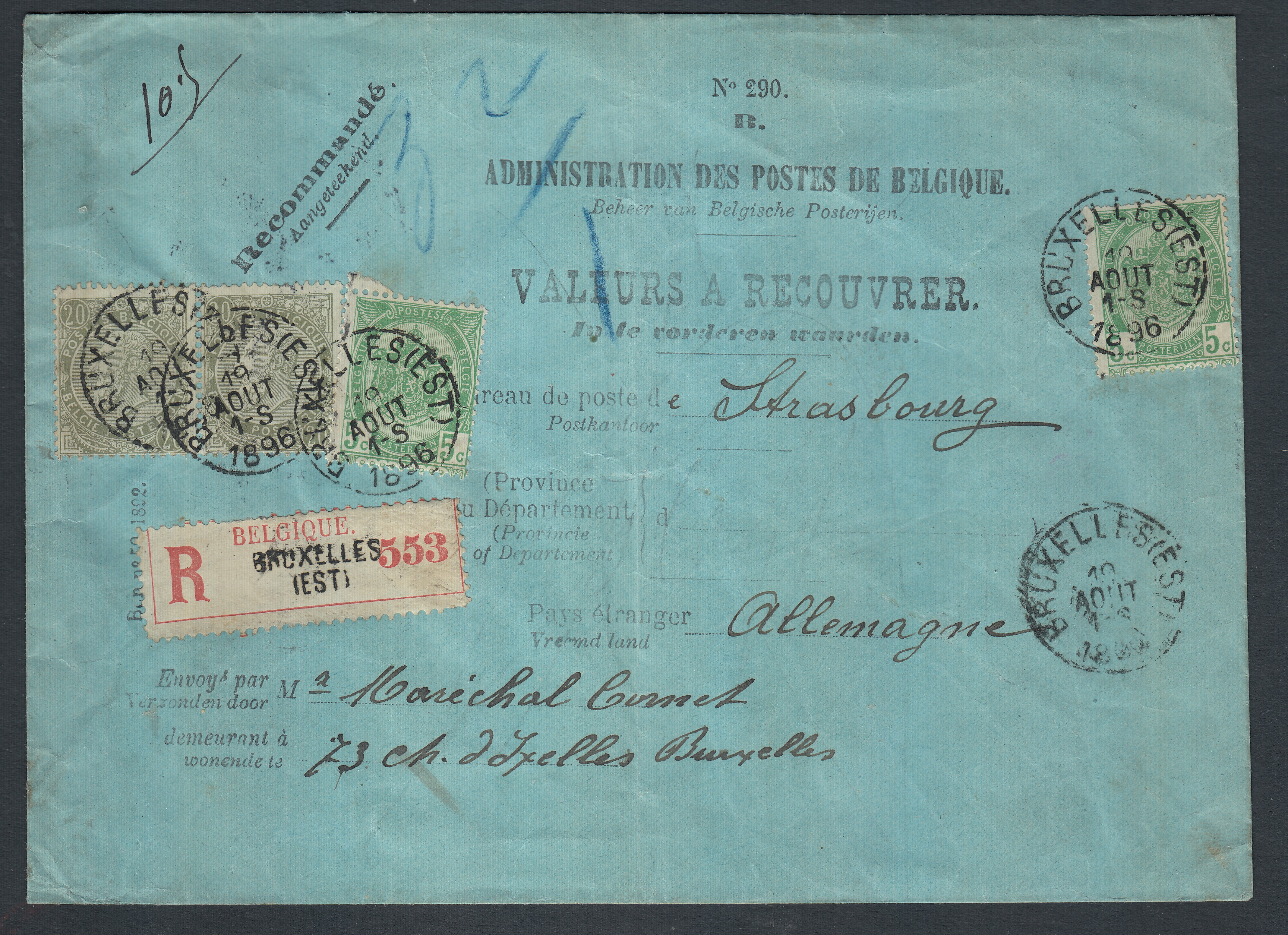 56 x2 +59 x2 sur lettre de l'admin (Valeur à recouvrer) en recommandé de BXL (Est) le 10 août 1896 vers l'Allemagne. Càd au verso.
