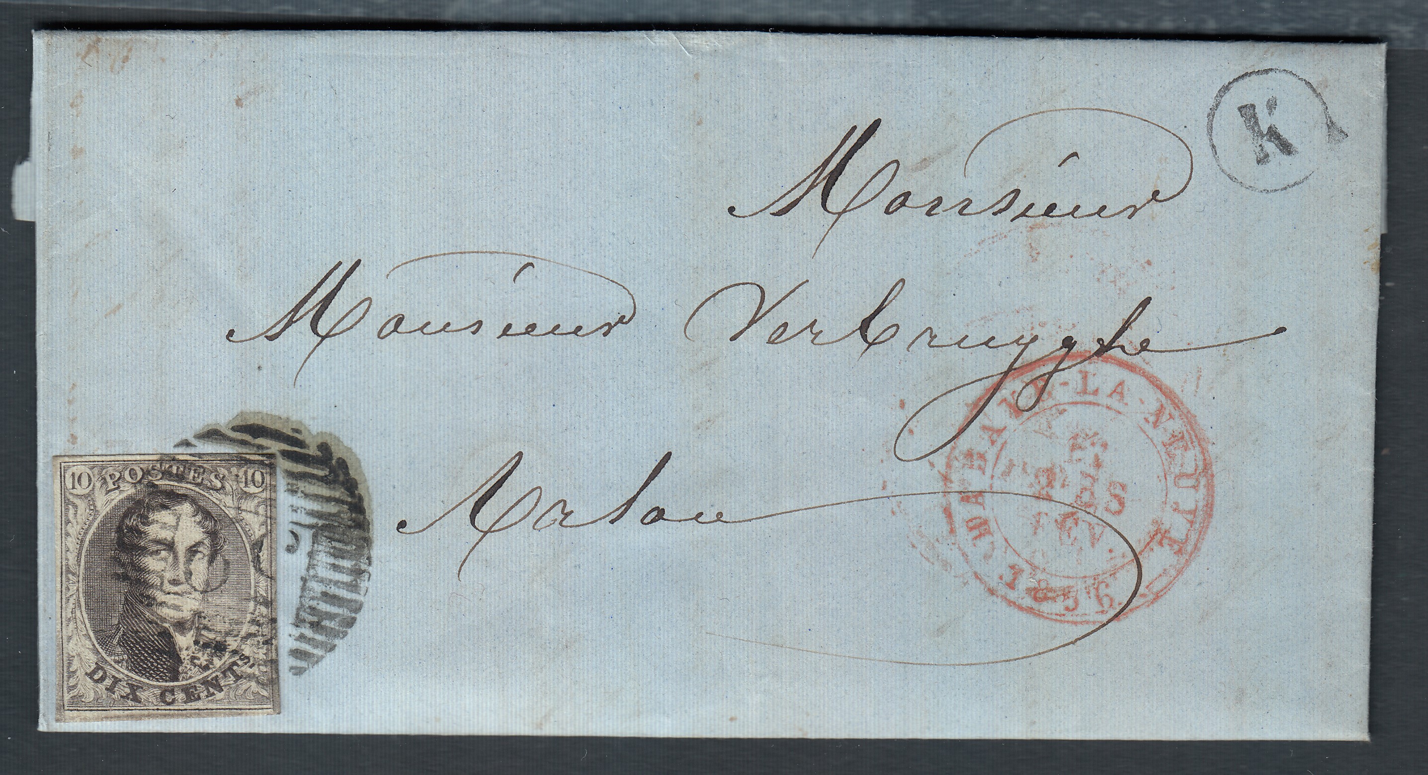 6 margé sur LAC datée de Tintigny le 12 fevrier 1856 de la boîte « K » via Habay-la-Neuve ( P52) vers Marloie. Càd à Arlon au verso.