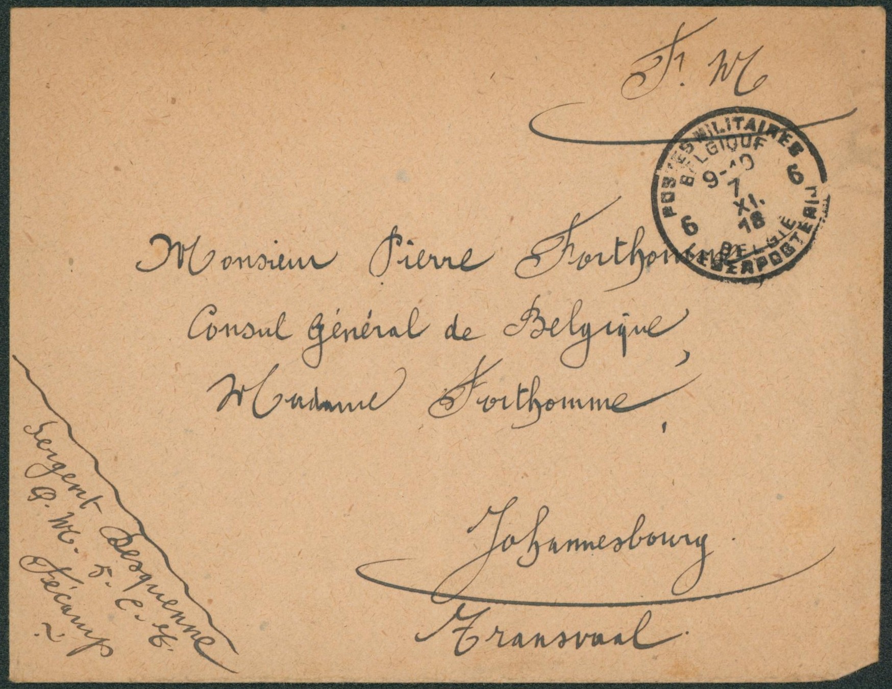 Guerre 14-18 - Lettre en F.M. obl P.M.B.6 (7/XI) çàd Belge à Fécamp > Consul général de Belgique à Johannesbourg (Transvaal). TB et R.