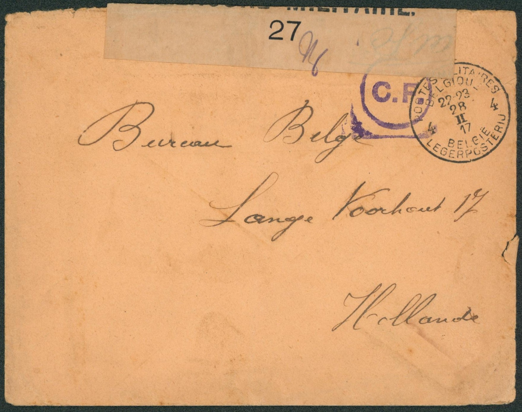 Guerre 14-18 - Lettre en S.M. obl P.M.B. 4 + bandelette de censure 27 et censure C.F. > Bureau Belge en Hollande.