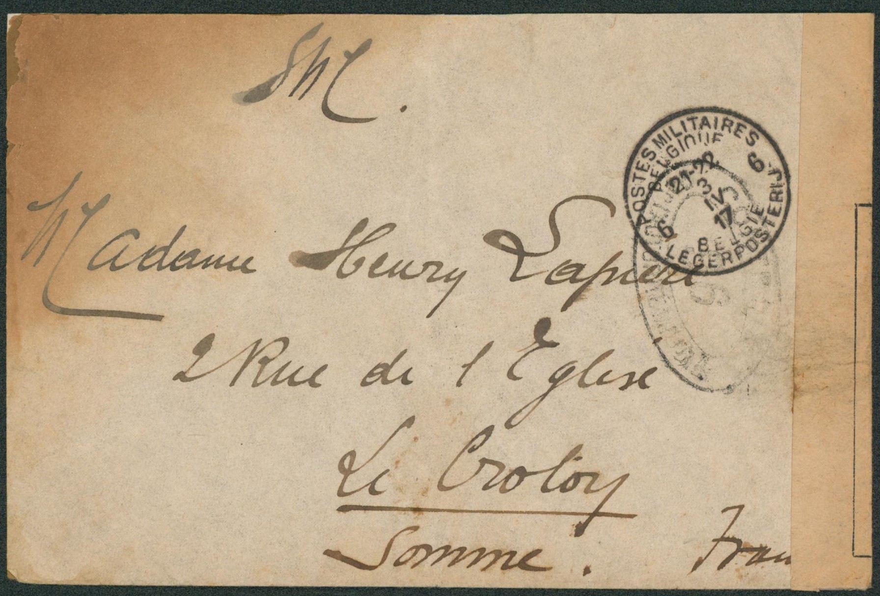 Guerre 14-18 - Lettre en S.M. obl P.M.B. 6 + bandelette de censure > Le Crotoy (France)
