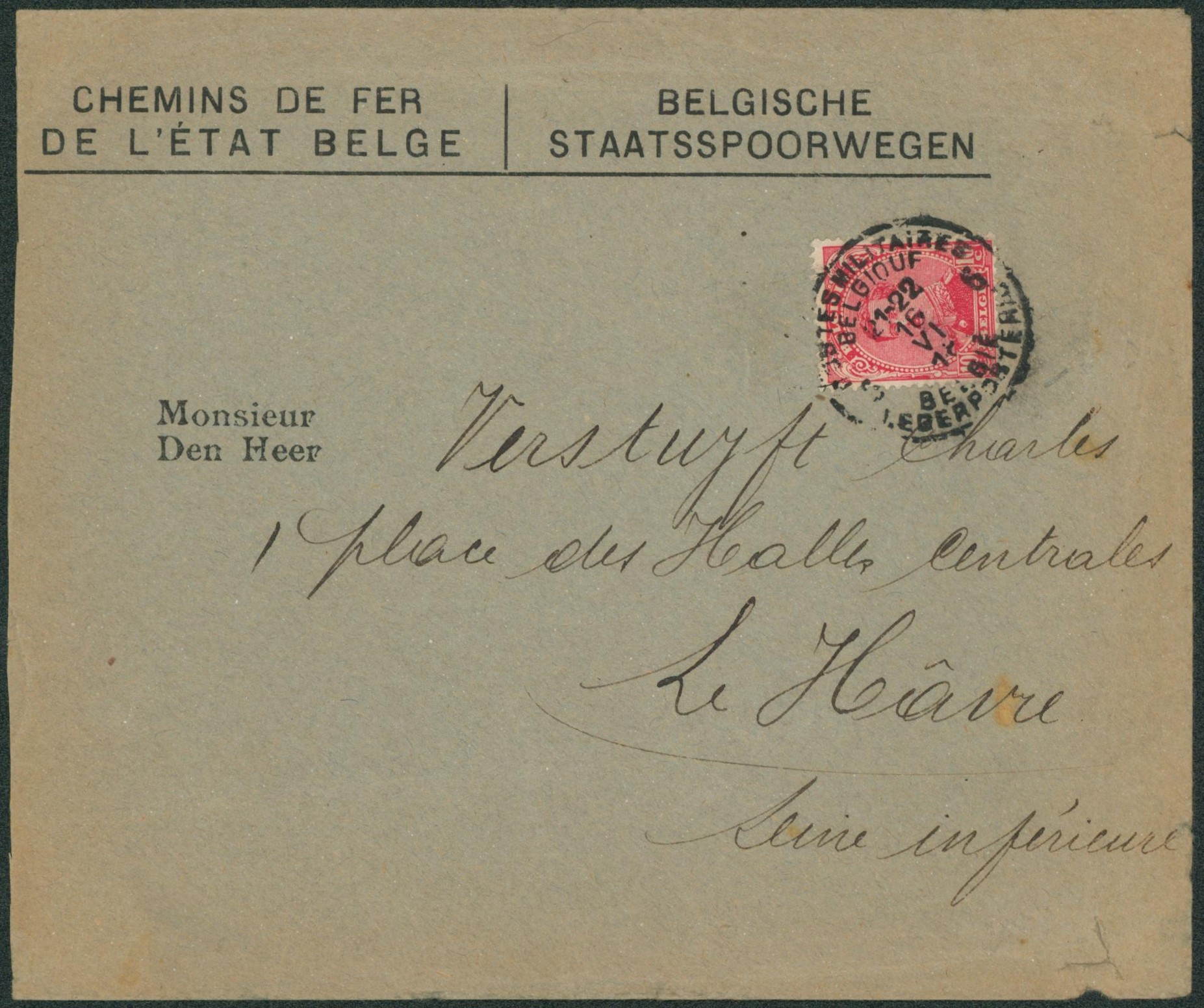 n°138 sur lettre à en-tête (chemin de fer de l'état belge, bilingue) obl P.M.B. 6 > Le Havre