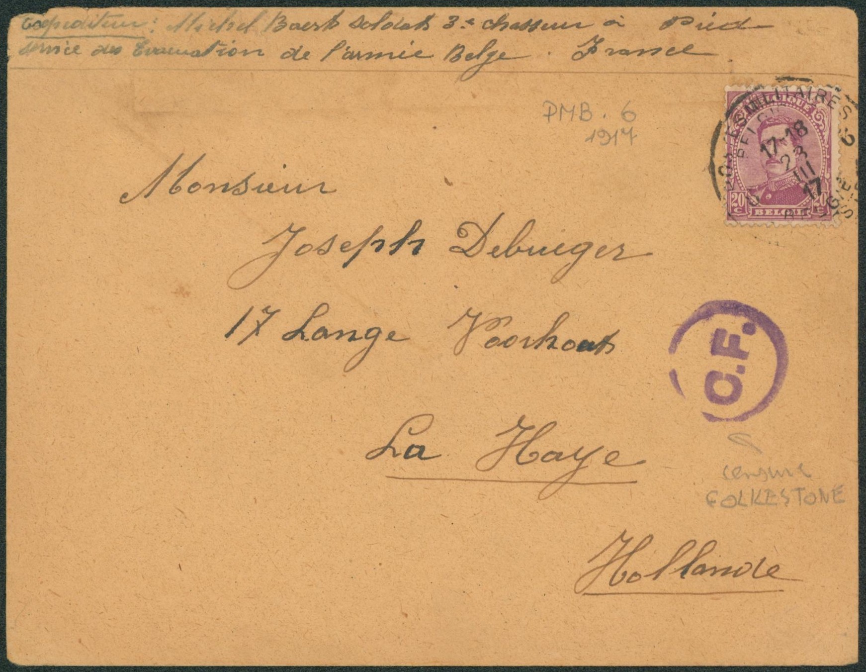 n°140 sur lettre obl P.M.B.6 (service de l'évacuation de l'armée Belge) > La Haye (Hollande) + censure C.F.