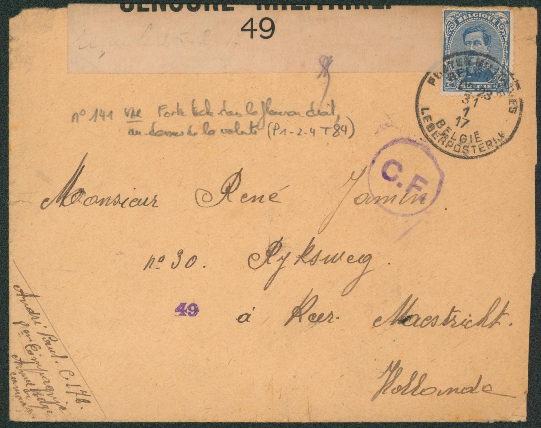 n°141 (+ Curiosité) sur lettre obl P.M.B. + bandelette de censure 49, censure C.F. > Maestricht (Hollande)