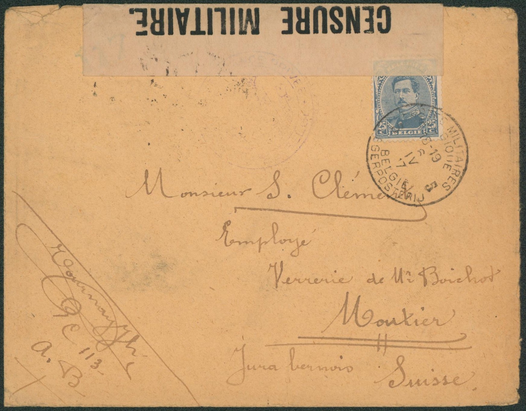 n°141 sur lettre obl P.M.B. + bandelette de censure 117 > employé à verrerie de M. Boichot à Moutier (Suisse).