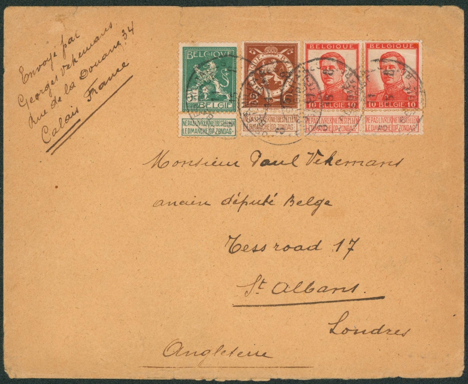Pellens - Affranch. Mixte obl P.M.B.3 (Origine Calais) > St-Albans londres, angleterre