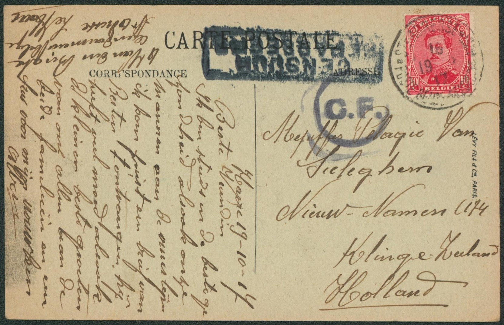 n°138 sur CP obl Ste-Adresse + double censure (C.F.) > Klinge Zeeland, Hollande.