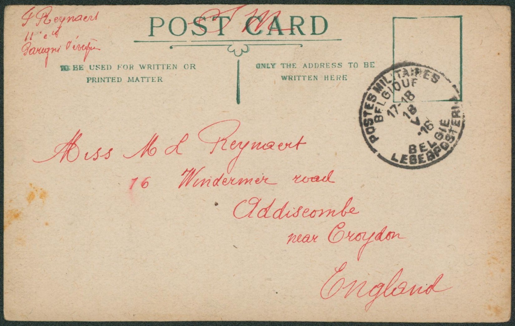 CP en S.M. obl P.M.B. (1916) > Addiscombe near Croydon (Angleterre).