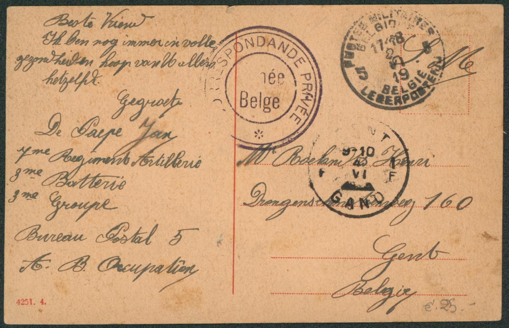 CP en S.M. (1919) correspondance privée bureau postal 5 A.B. Occupation > Gent
