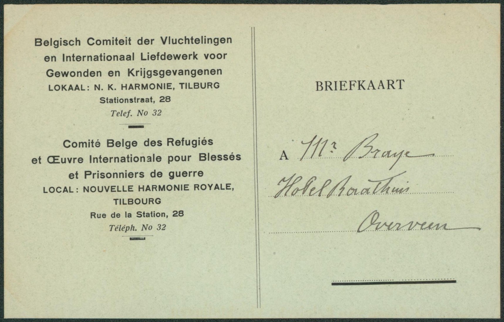 WWI - Briefkaart comité belge des réfugiés et l'œuvre internationale pour blessés et prisonnier de guerre (Tilbourg)  + cachet Beglisch comiteit Internationnaal werk voor