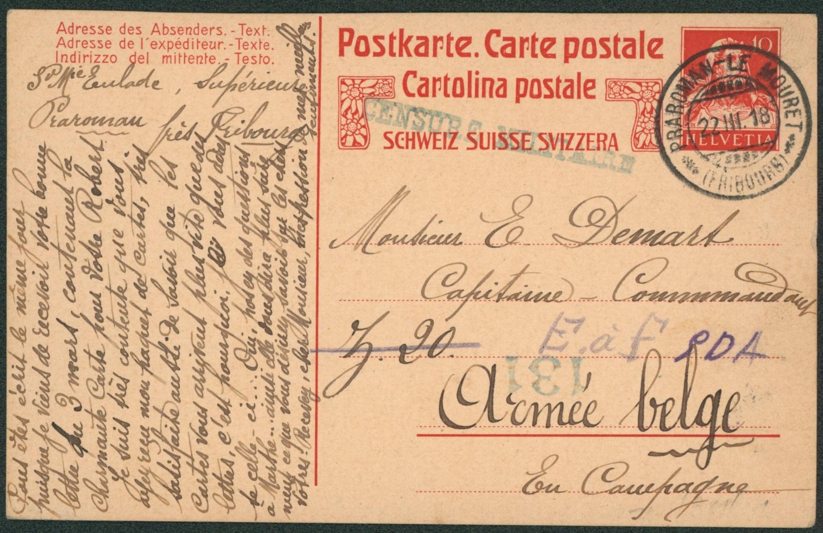 WWI - EP suisse au type 10C rouge Praroman-le-mouret + censure militaire > Capitaine commandant armée belge en campagne.