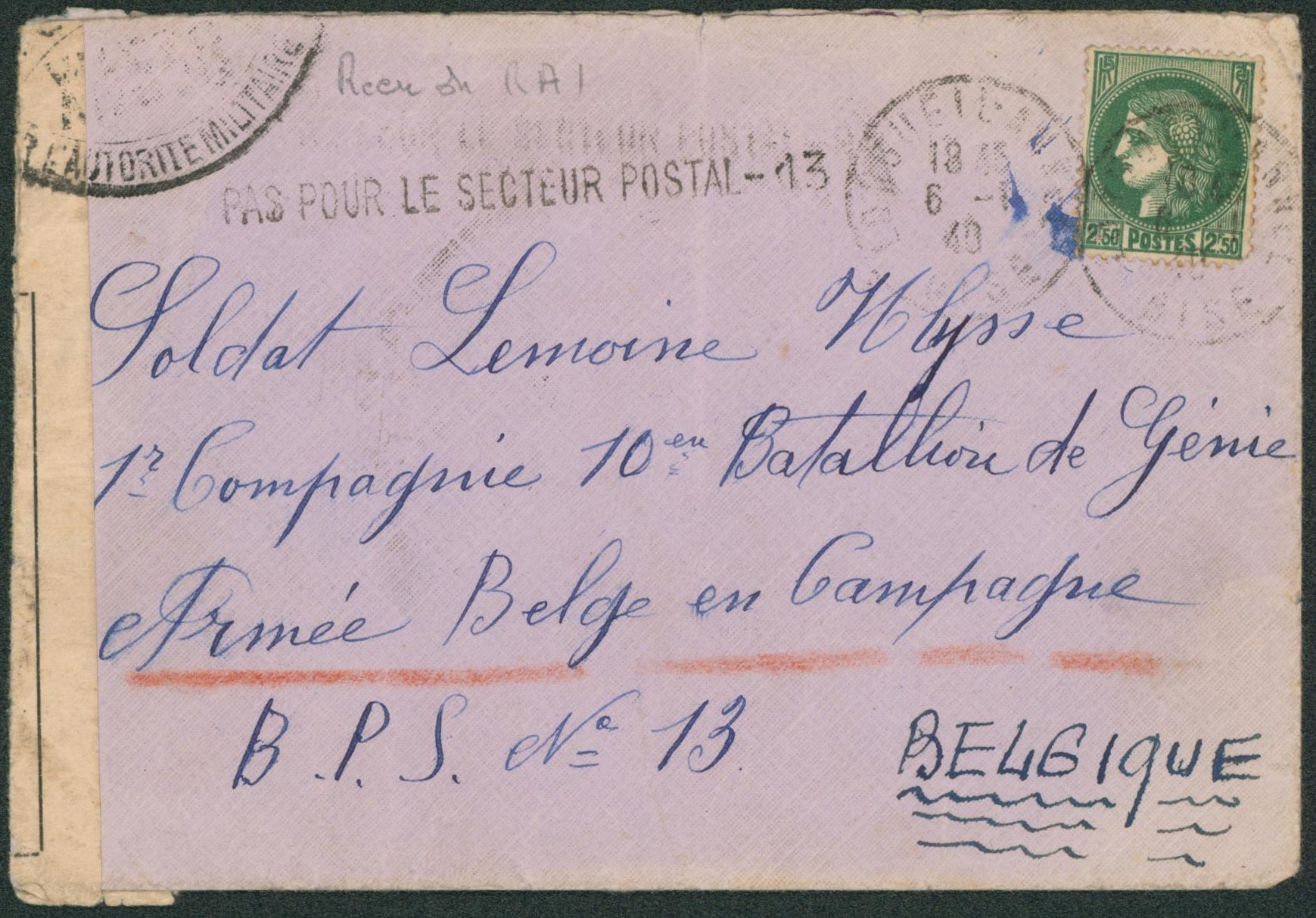 WWII - France Cérès n°375 sur lettre expédié de Longeuil + bandelette de censure contrôle postale militaire > Armée belge en campagne BPS 13 + griffe noir PAS POUR LE SECTEUR POSTAL 13