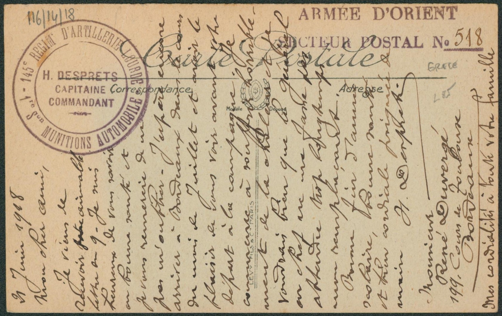 France - CP en F.M. (1918, bordeaux) 145e régiment d'artillerie lourde, munitions automobiles + griffe ARMEE D ORIENT SECTEUR POSTAL 518 (Crète ? )
