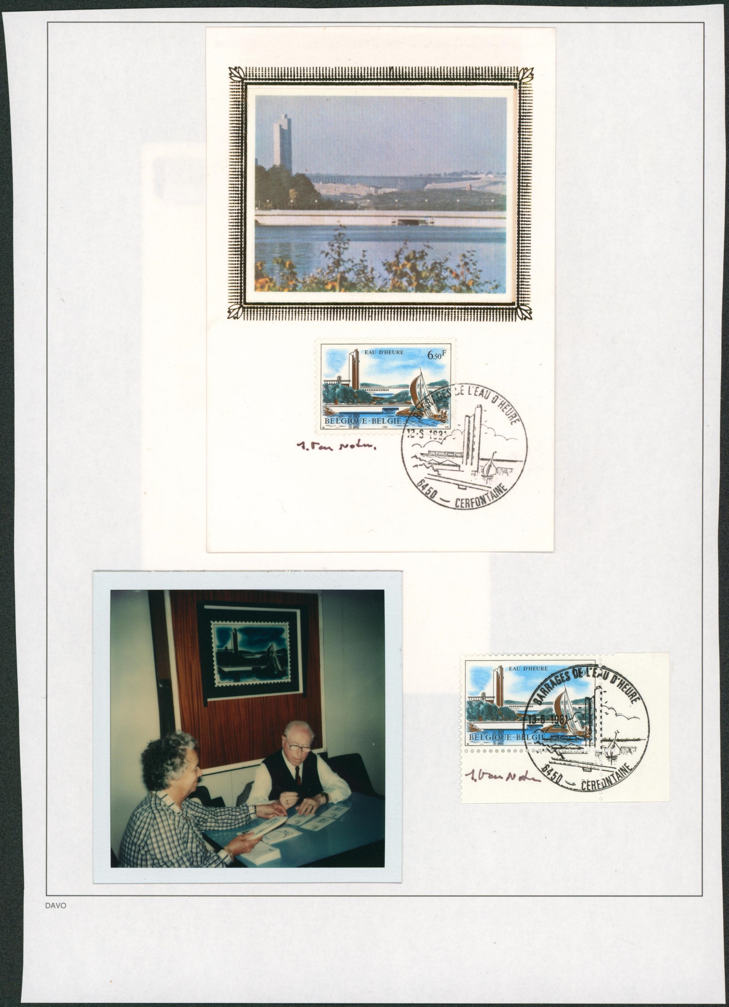 Signature de graveur de timbre - Tourisme n°2010 et 2012 + 1121 (journée du timbres) - signés J. Van Noten + photo miniature.