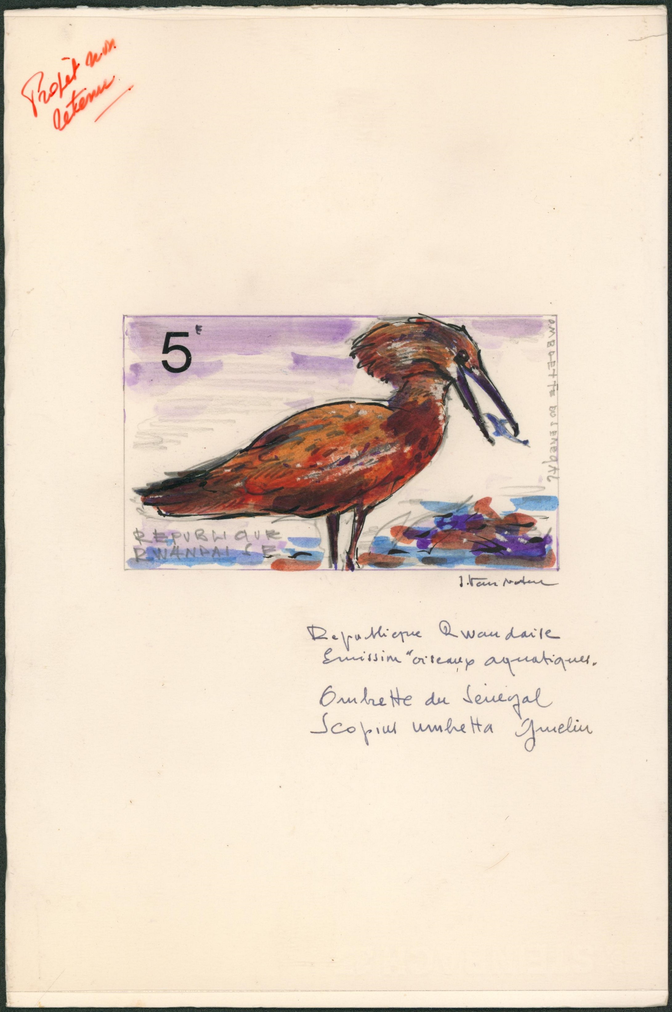 Projet non retenu réalisé par J. Van Noten sur les oiseaux aquatiques (République Rwandaise, 1975) 5F signé + couleurs. fait à la peinture et au crayon sur papier cartonné protégé par un plastique. écriture au feutre sur le plastique.