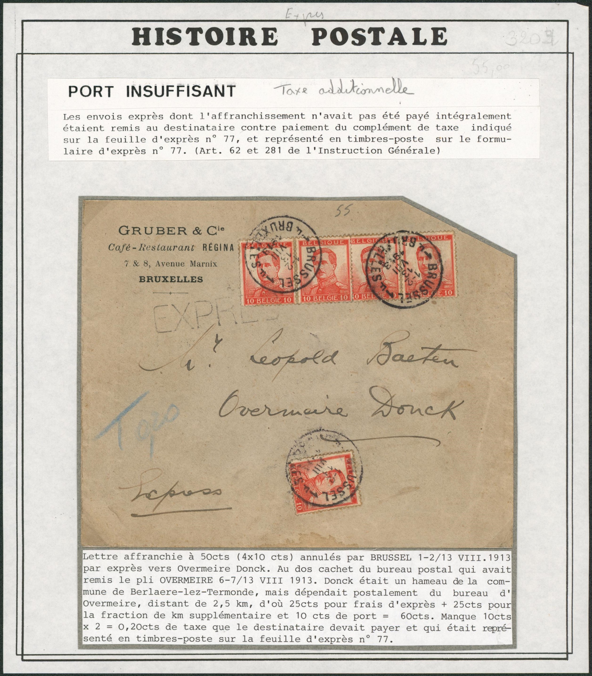 Pellens - 10ctm x5 sur lettre en expres (Gruber & Cie) de Bruxelles > Overmeire-Donck / Port insuffisant, taxe additionnel, explicatif joint. Superbe