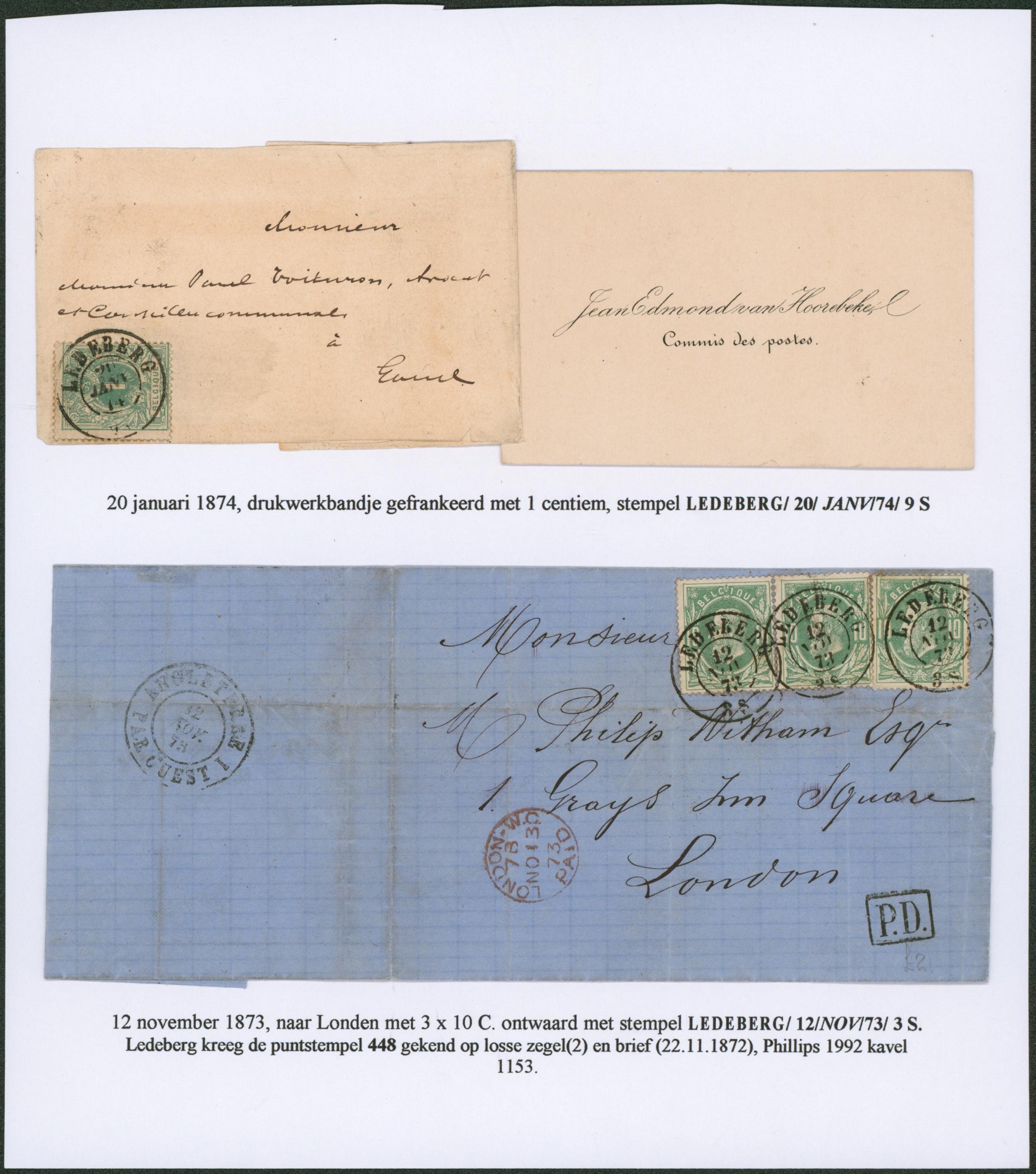 Page de collection - étude du cachet double cercle "Ledeberg" sur deux lettre dont n°30 x3 > London. TB à voir !