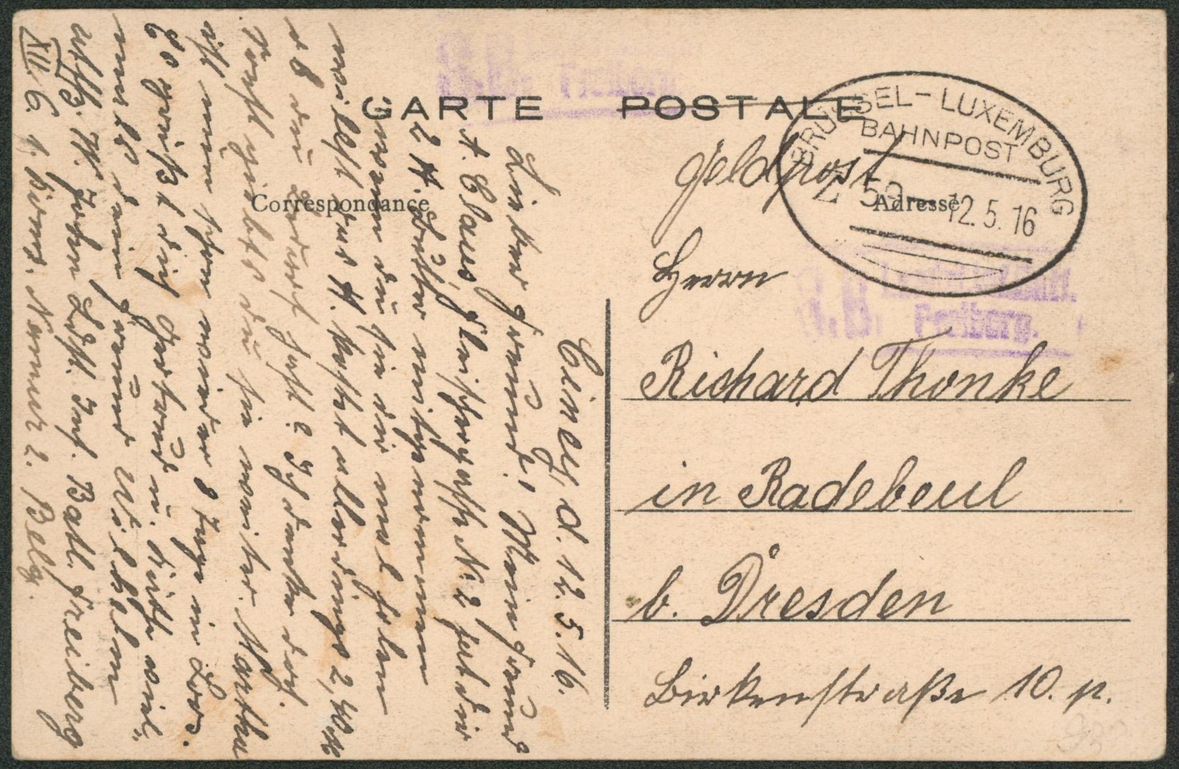 CP en feldpost + cachet ambulant (Treinstempel) bahnpost "Brussel-Luxembourg" + Briefstempel > Dresden
