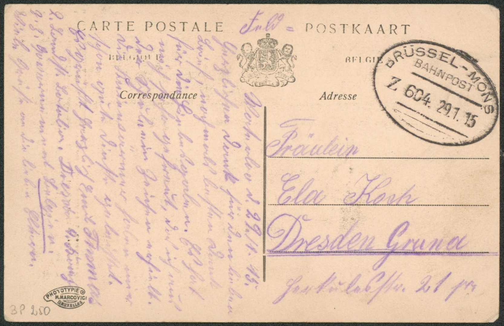 CP en feldpost + cachet ambulant (Treinstempel) bahnpost "Brussel-Mons" > Dresden