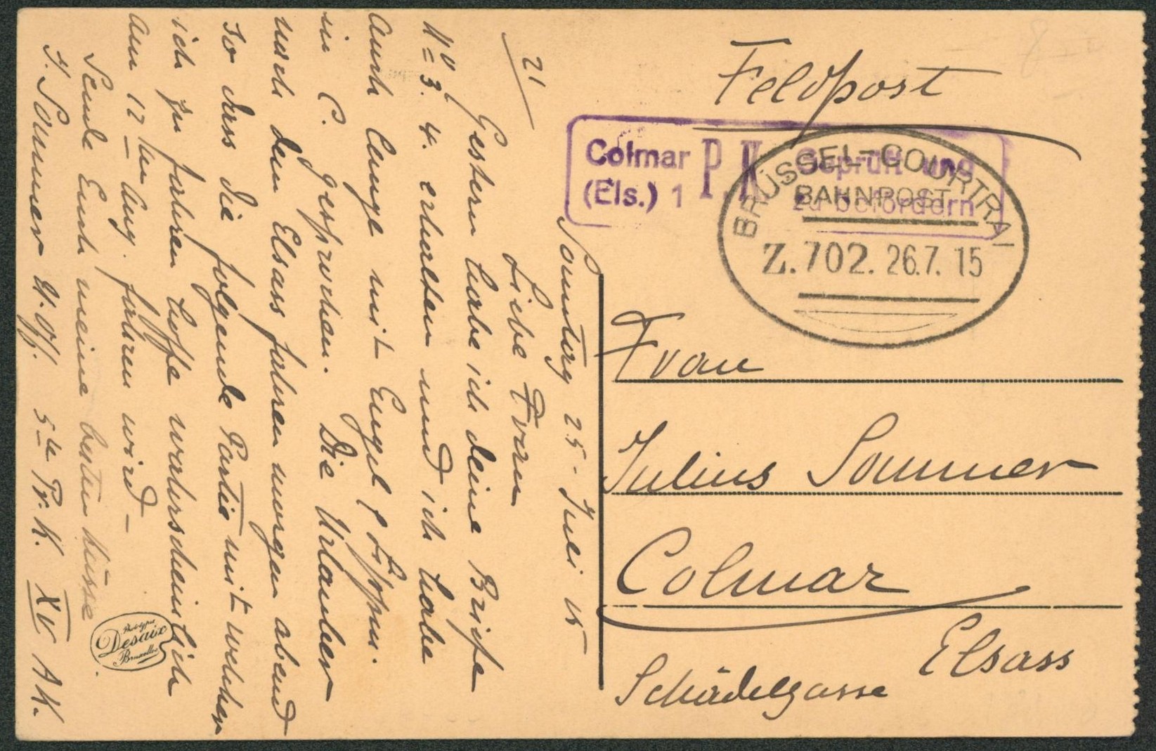CP en feldpost + cachet ambulant (Treinstempel) bahnpost "Brussel-Courtrai" + censure COLMAR P.K. > Colmar