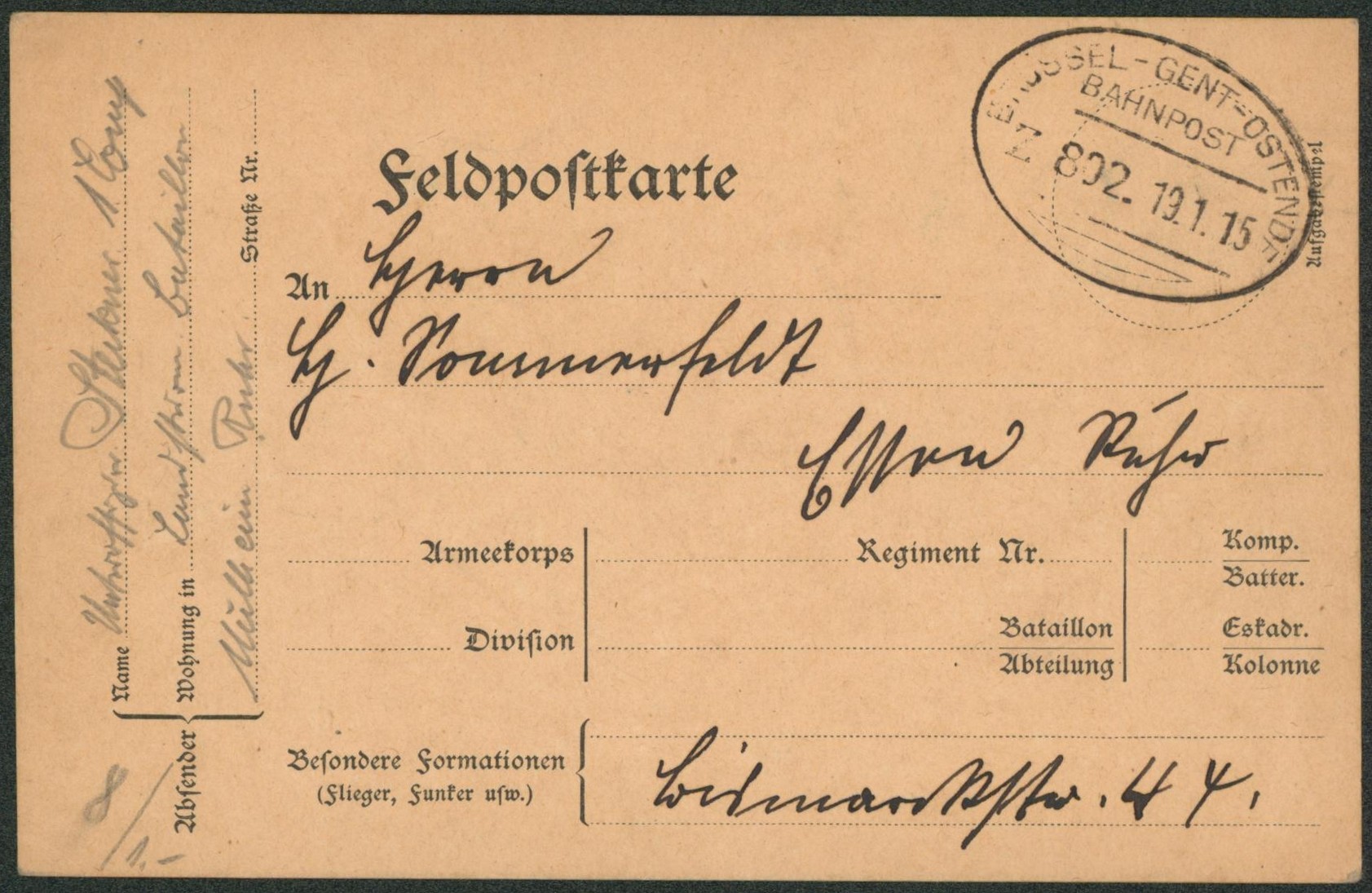 Feldpostkarte + cachet ambulant (treinstempel) bahnpost "Brussel-Gent-Ostende" > Allemagne / Texte