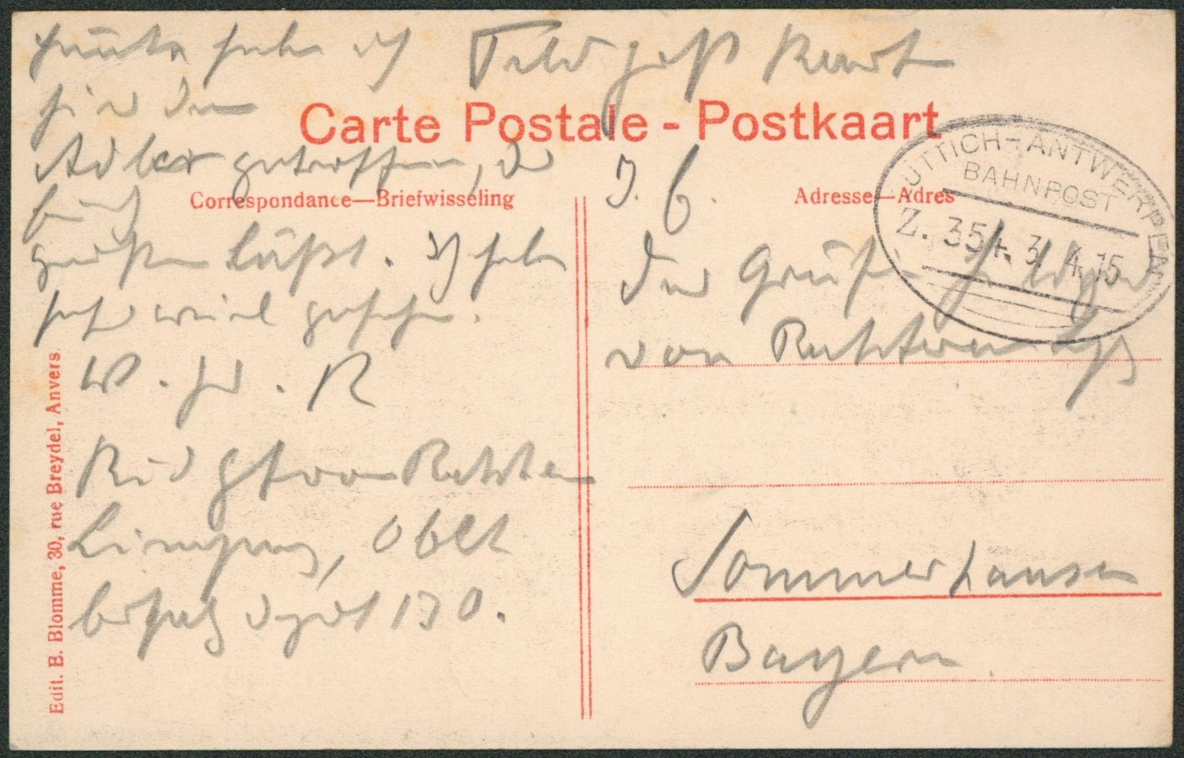 CP en feldpost + cachet ambulant (Treinstempel) bahnpost "Luttich-Antwerpen" > Bayern