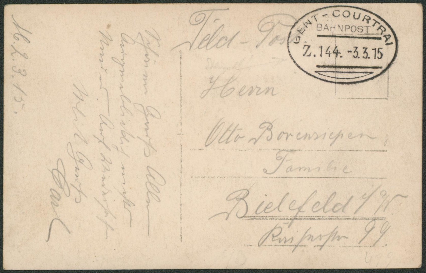 CP en feldpost + cachet ambulant (Treinstempel) bahnpost "Gent-Courtrai" > Allemagne