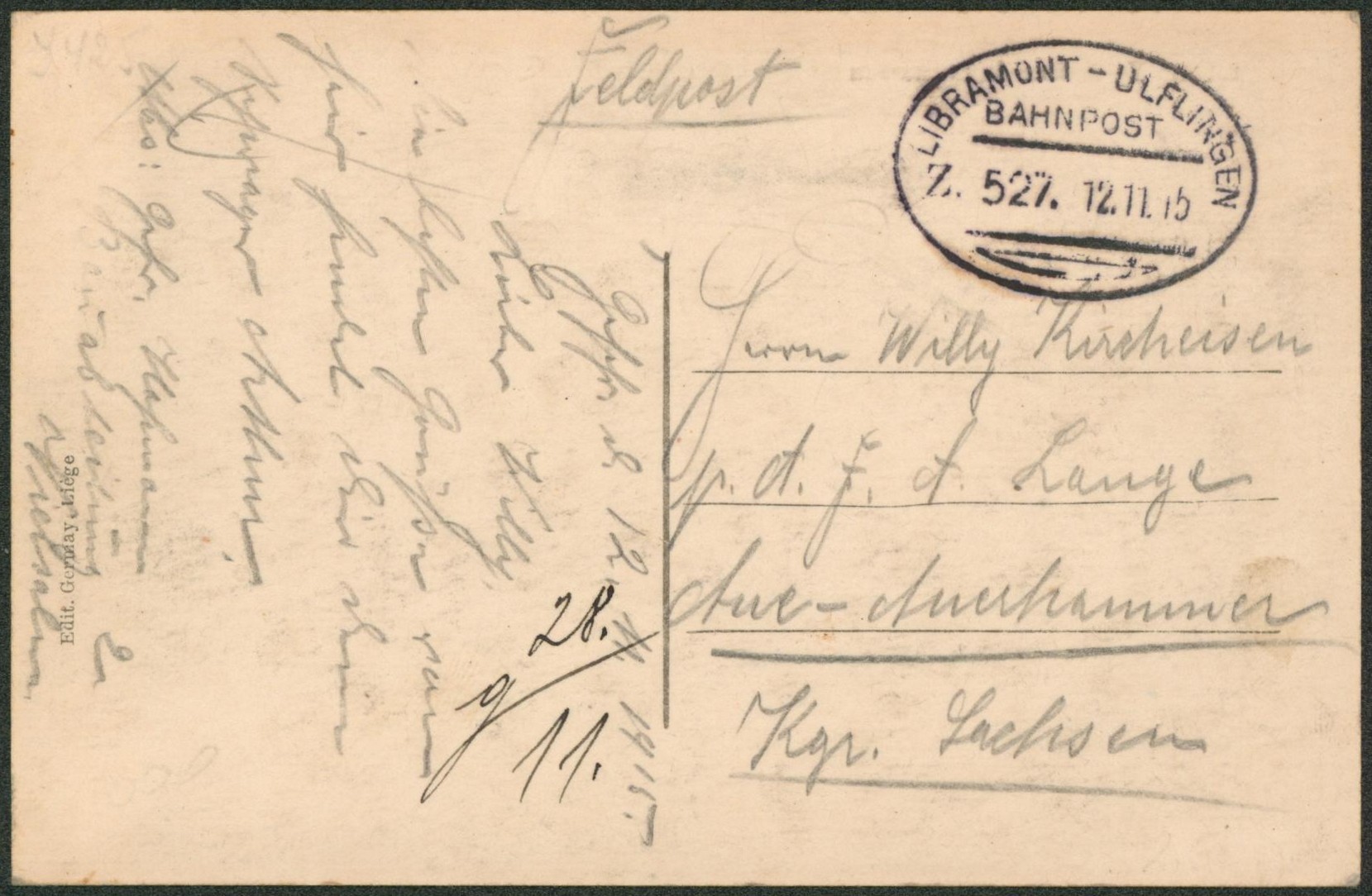 CP en feldpost + cachet ambulant (Treinstempel) bahnpost "Libramont-Ulflingen" R > Allemagne