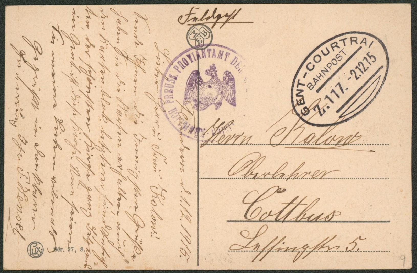 CP en feldpost + cachet ambulant (Treinstempel) bahnpost "Gent-Courtrai" + cachet de régiment (aigle) > Cottbus (Allemagne)