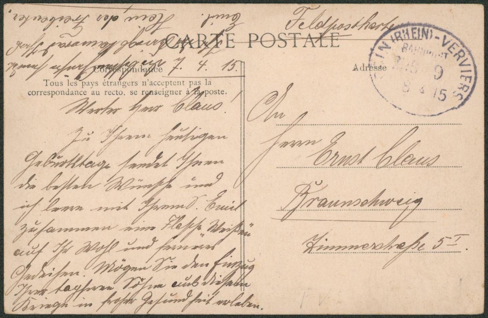 CP en feldpost + cachet ambulant (Treinstempel) bahnpost "Coln (Rhein)-Verviers" > Allemagne