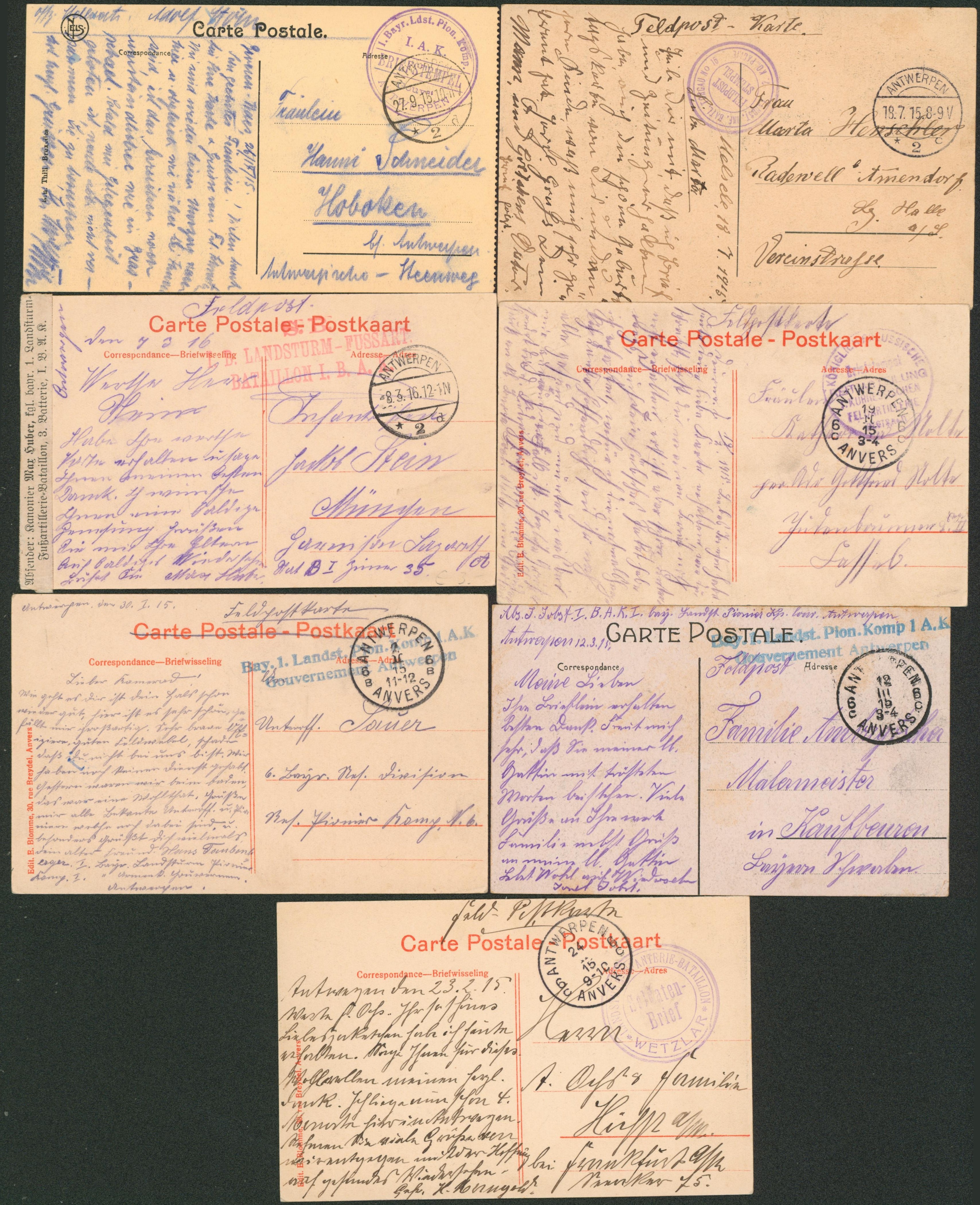 Ensemble de 7 CP en feldpost départ de Anvers / Antwerpen + briefstempel (différent) > Allemagne. Belle sélection !