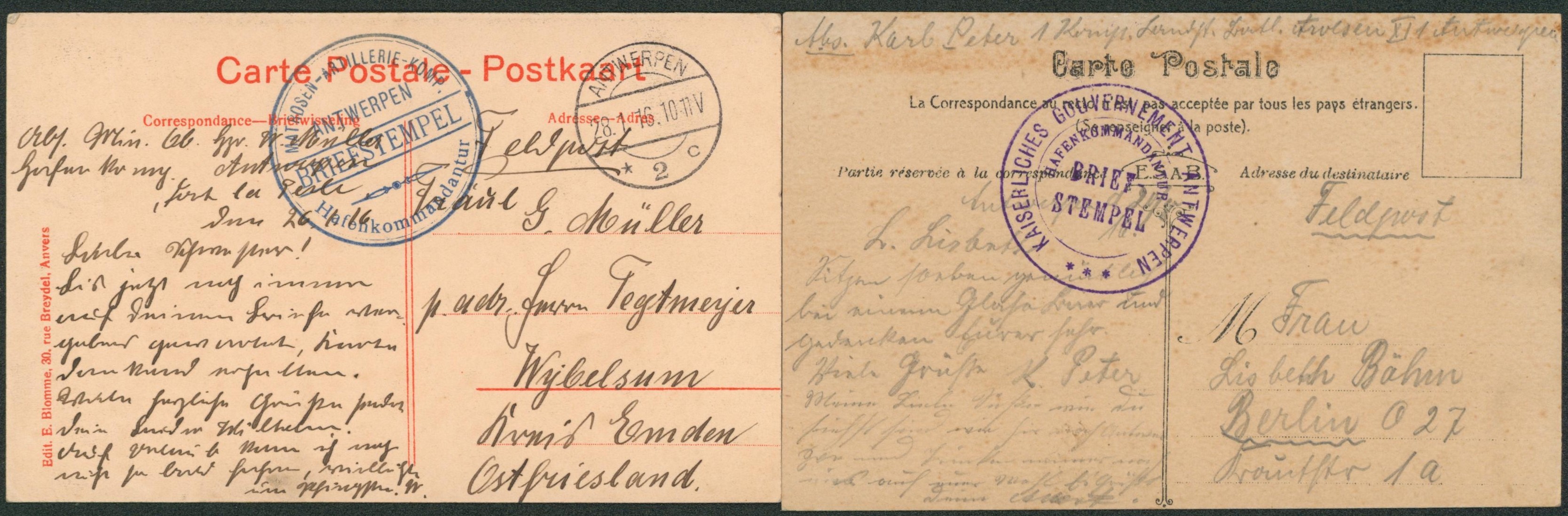 Lot de 2 CP en feldpost de Anvers / Antwerpen + briefstempel (Hafenkommandantur) > Allemagne