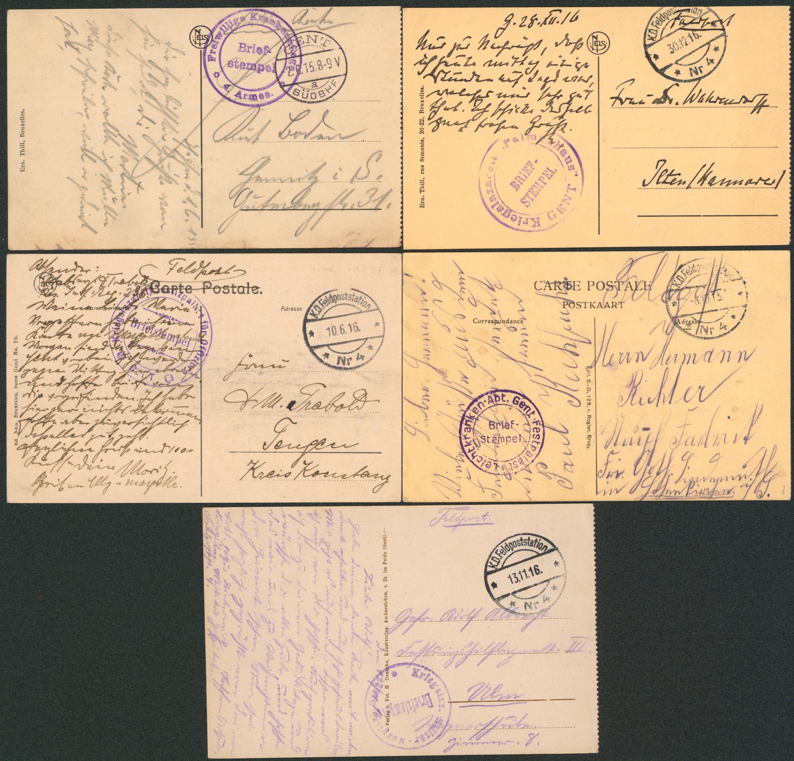 Ensemble de 5 CP en feldpost de Gent + Briefstempel (différent) > Allemagne